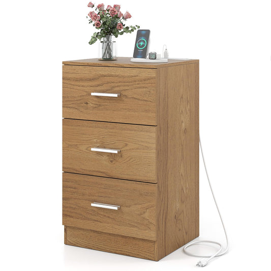 Giantex Night Stand with Charging Station - 26’’ Tall Side End Table w/3 Storage Drawers, Wooden Nightstand Chest of Drawers, Wood Dresser for Bedroom Office (1, Natural)