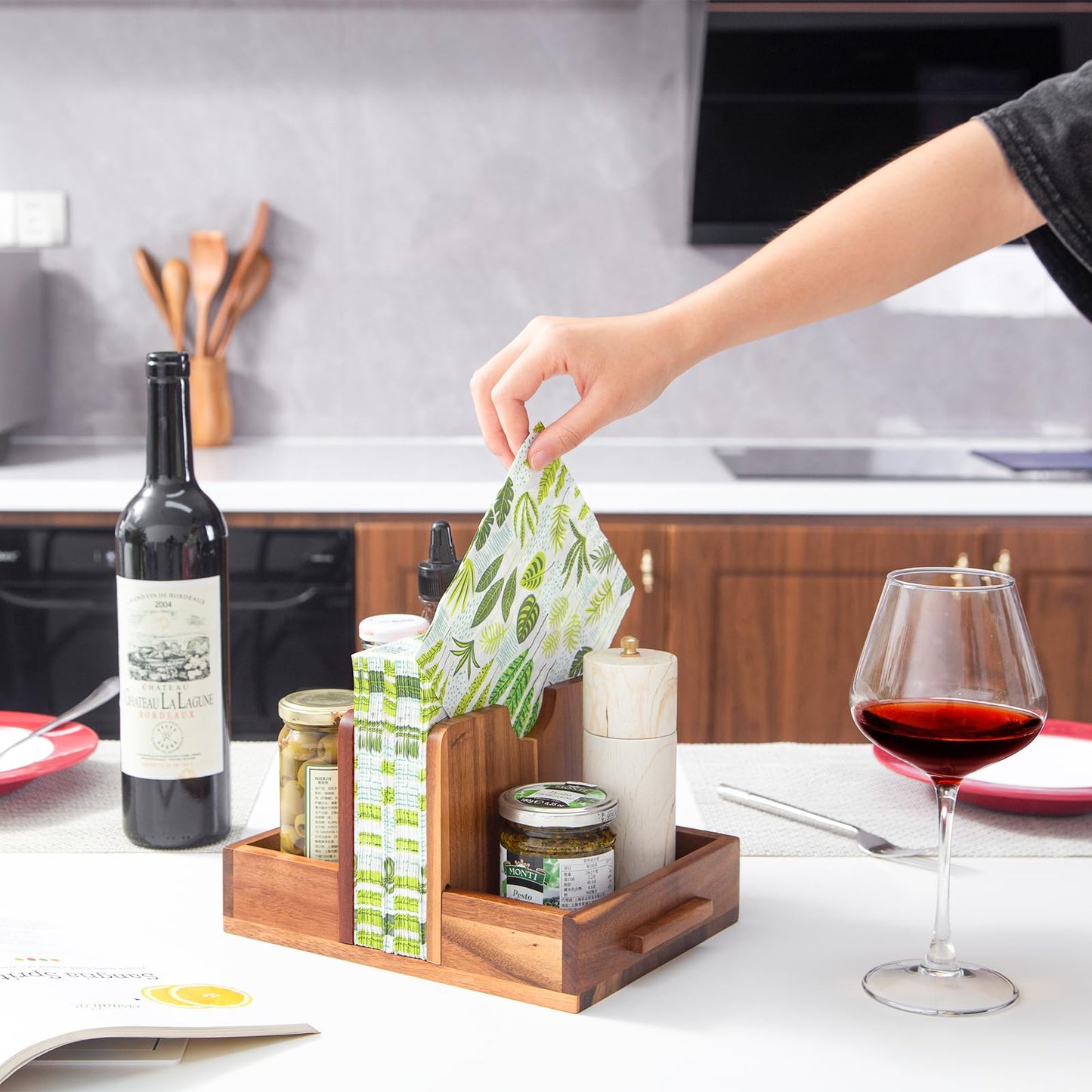 Napkin Holder for Table, Wooden Napkin Holder with Salt and Pepper Shakers Caddy, Rustic Napkin Holders for Kitchen Dining Room Table Decor, Standing Wood Napkin Dispenser for Indoor & Outdoor Use
