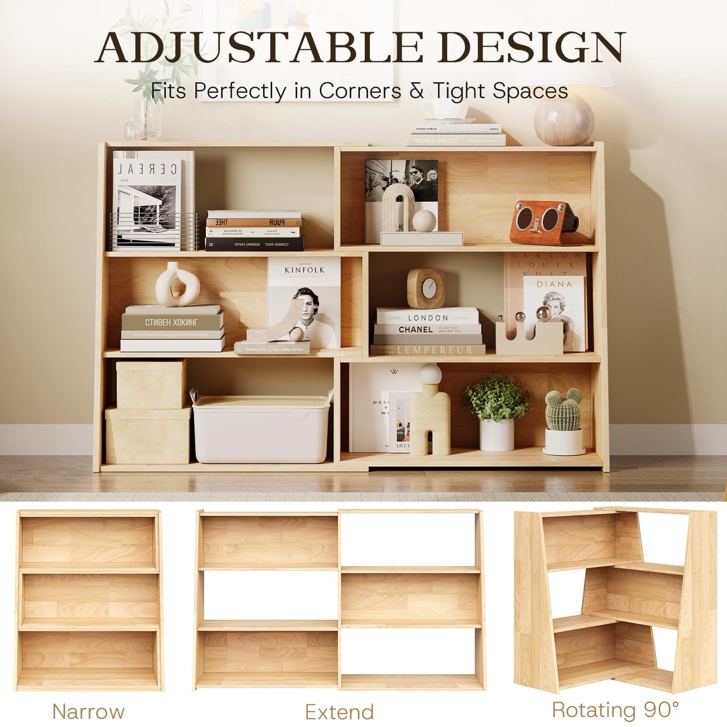 HOTAMO Expandable Solid Wood Bookshelf, 48.35" L x 11.73" D x 31.5" H Extendable Shelf Bookcase with Adjustable Design, Narrow Display Shelf for Bedroom, Living Room, Home Office, Natural Wood