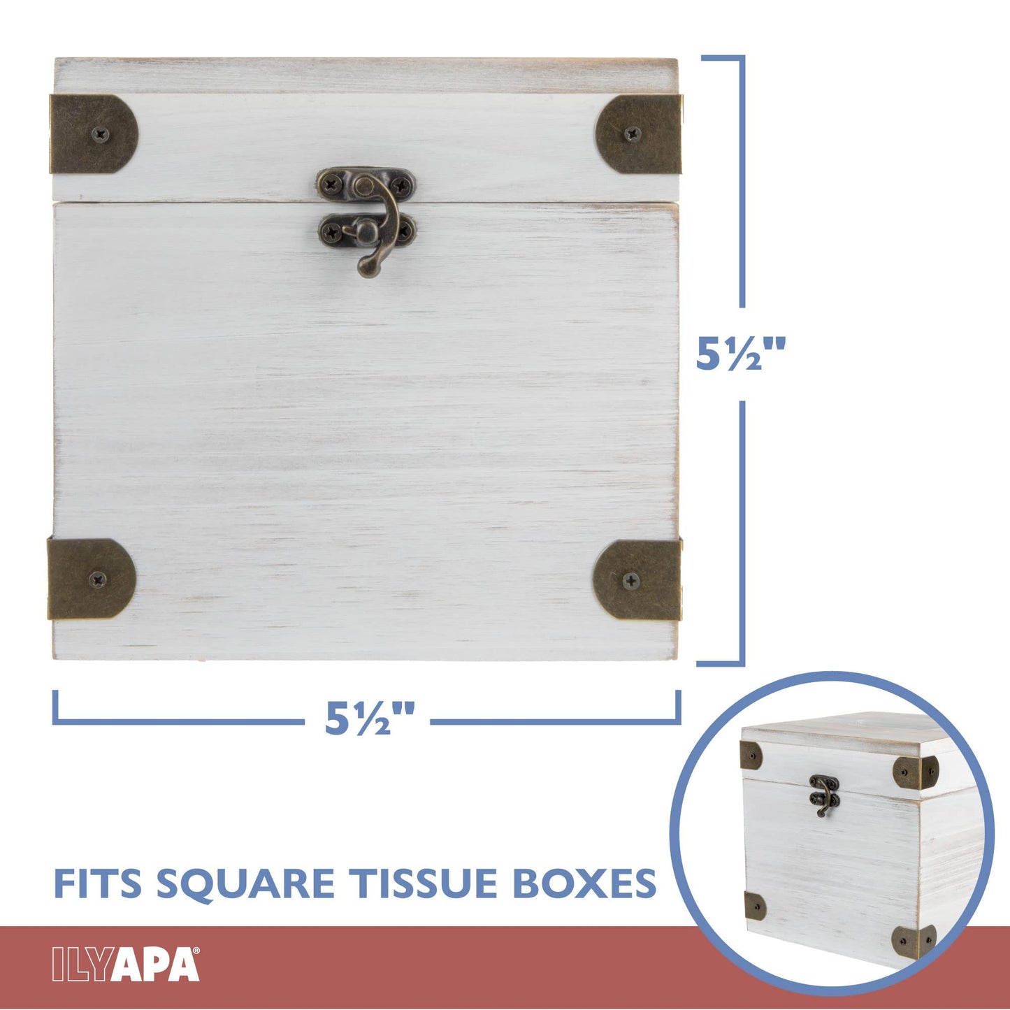 Ilyapa 5 x 6 Rustic Tissue Box Holder - Hinged Lid Tissue Dispenser for Bathroom Living Room Bedroom - White Weathered Wood