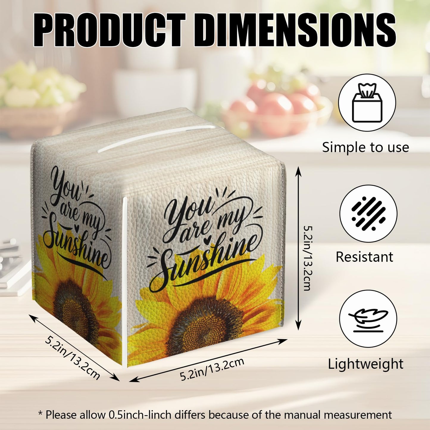 2 Pack Sunflower Sunshine Tissue Box Cover Square Wooden Board Texture PU Leather Tissue Box Holder Waterproof Facial Paper Organizer Dispenser for Bathroom Kitchen Home Office Car