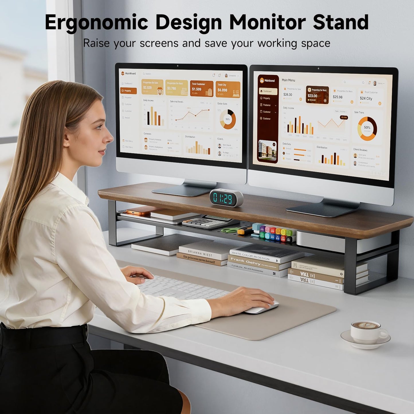 NestNeat Dual Monitor Stand, 35.4 Inch Monitor Stand Riser for 2 Monitors, 2 Tiers Wood Desk Shelf with Storage, Desktop Organizer Stand for Computer, Laptop, Printer, TV