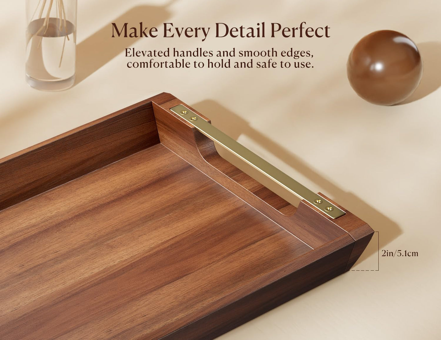 Dofira Acacia Wood Serving Tray with Metal Handles, 17x13in Large Ottoman Tray, Food Drinks Tray for Coffee Table, Breakfast, Dinner & Bar, Rustic Decorative Tray for Kitchen, Bedroom Gift Box