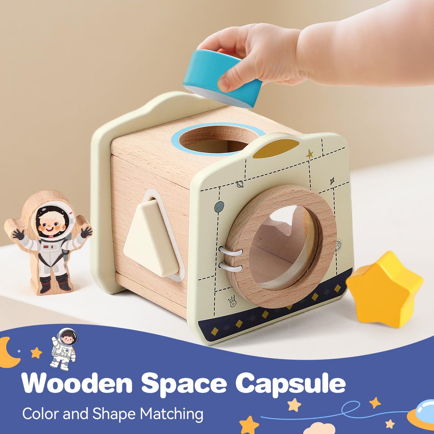 ibwaae Wooden Rocket Space Toy Set for Toddlers 1-3, Montessori Shape Sorter and Stacking Activity with Magnetic Car, Fine Motor Skills Learning Toy, First Birthday Gift for Boys Girls