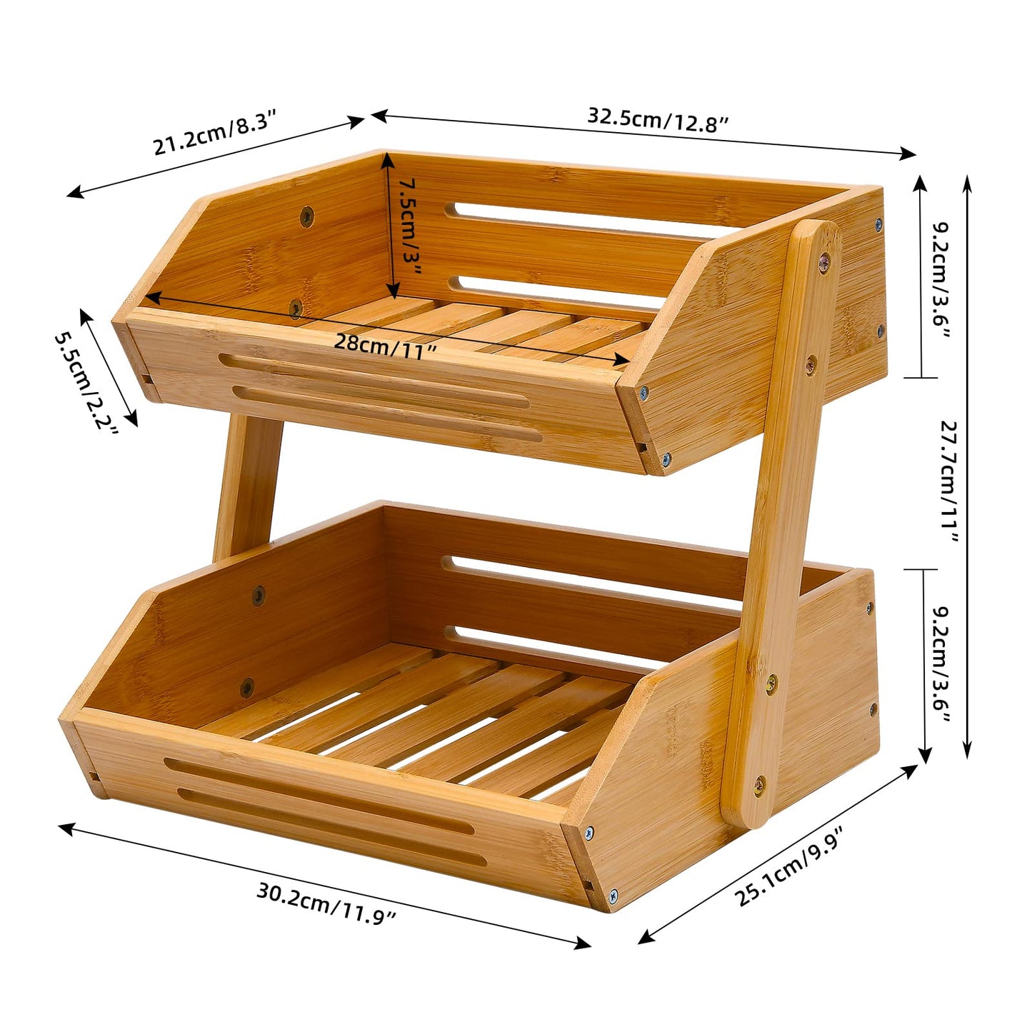 VIKEYHOME Fruit Basket, 2 Tier Bamboo Fruit Basket for Kitchen, 11" Tall Fruit Stand Storage Holder, Heavy Duty/Large Capacity for Vegetables, Fruit, and Snack, 15 mm Thickness (Self-assembly)