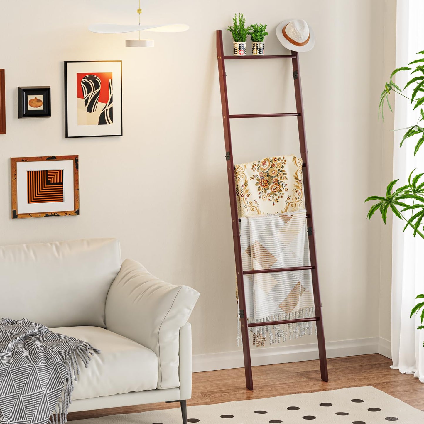 BAMBANG 6-Tier Blanket Ladder for Living Room, Blanket Quilt Ladder Rack Rustic Decorative Towel Holder, Wall Leaning Blanket Ladder Shelf Storage Farmhouse Decor for Bedroom Bathroom, Brown