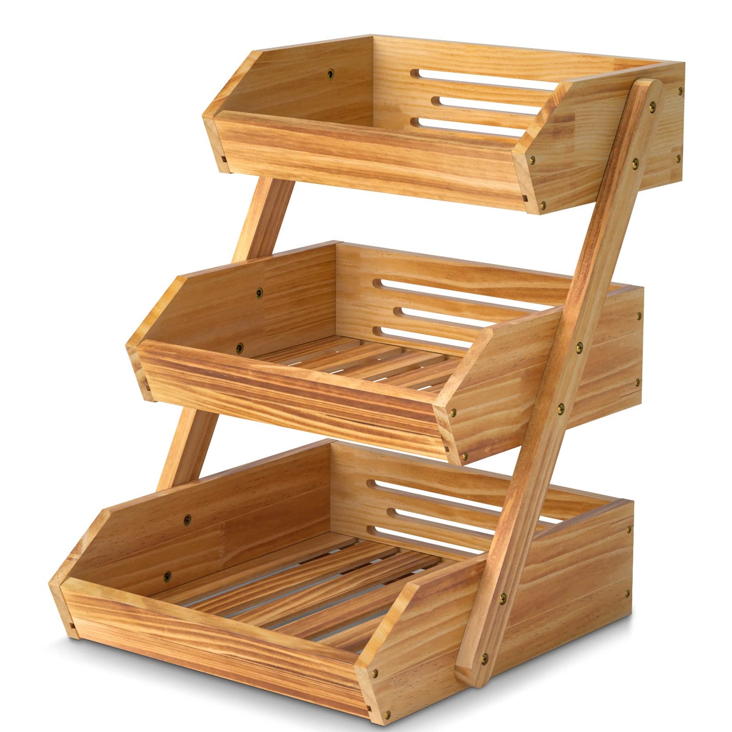 Merysen 3-Tier Wooden Fruit Basket For Kitchen Countertop, Bread Vegetable Basket Bowl Stand, Large