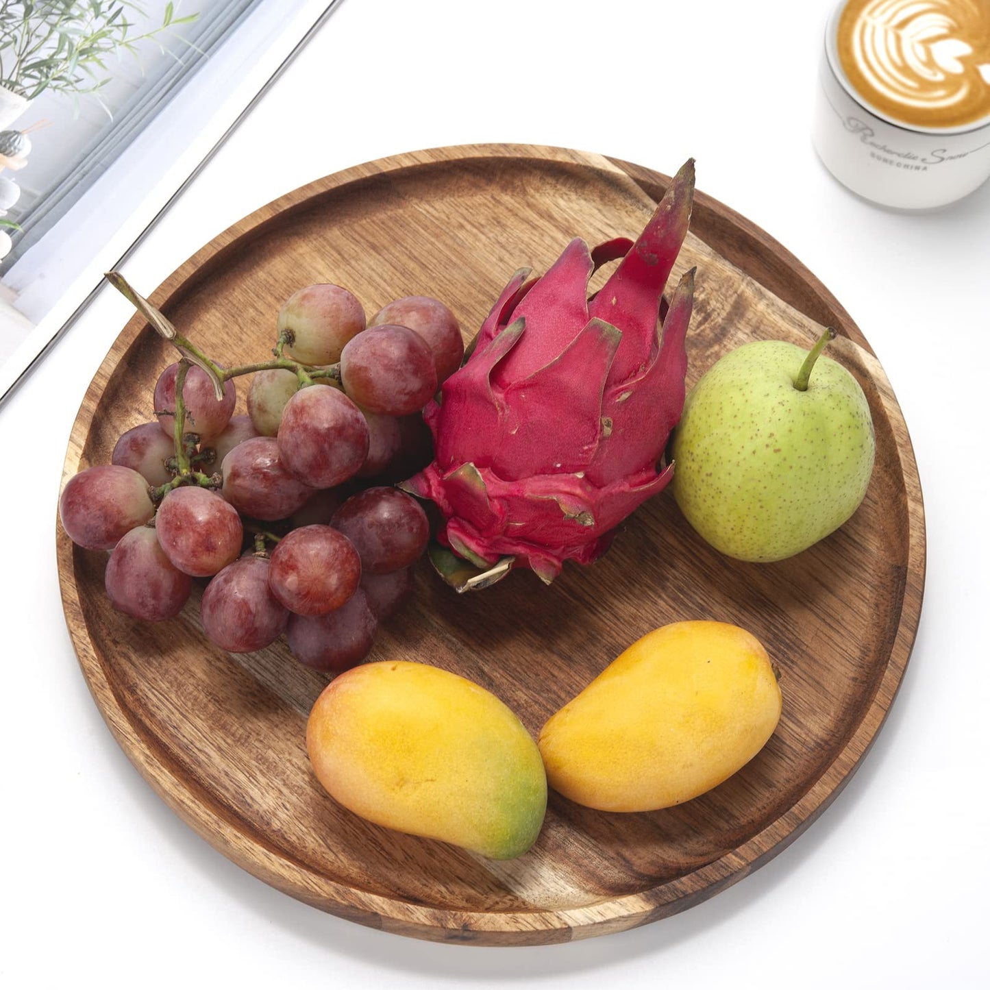 YANGQIHOME 11.8 inches Round Wood Tray, Wooden Serving Tray, Acacia Plates, Appetizer Charcuterie Board, Tray Organizer for Kitchen/Countertop, 11.8 x 11.8 x 0.8 inch
