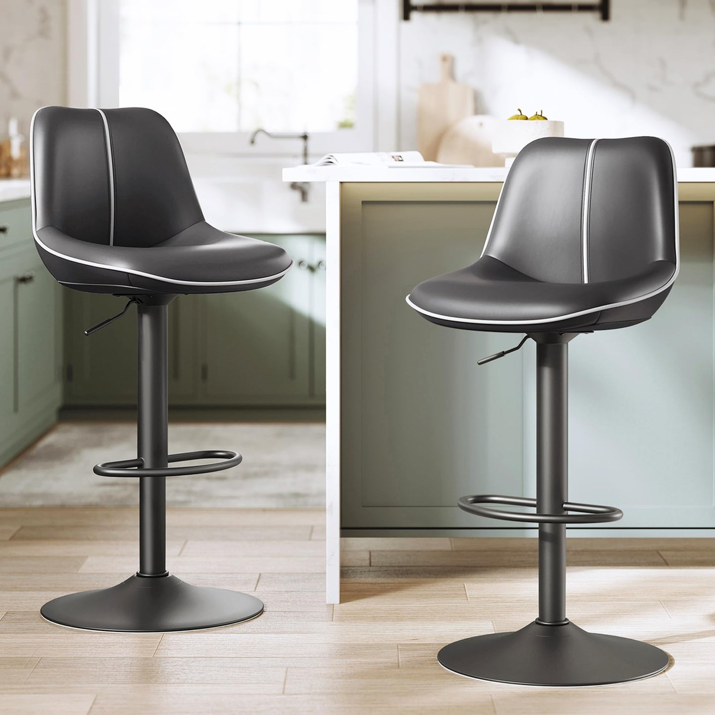 VASAGLE Bar Stools Set of 2, Adjustable Height Swivel Barstools with Ergonomic Backrest, Synthetic Leather, Larger Metal Base, Modern Tall Bar Chairs for Kitchen Island Home Bar, Ink Black