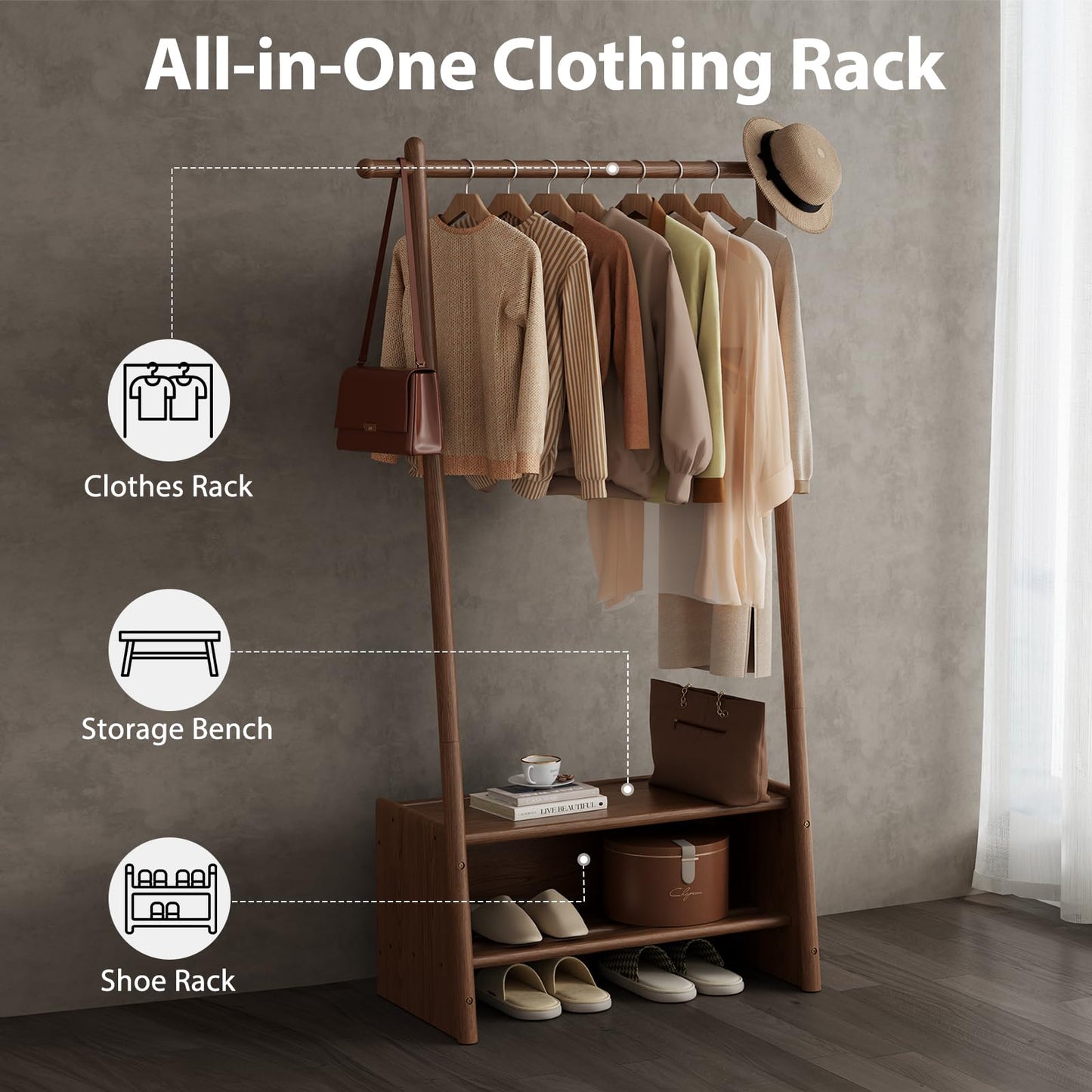 DONGMUWUJEE Solid Wood Clothing Rack with Shelves, Clothes Racks for Hanging Clothes, Hanging Rack with Shoe Storage, Heavy Duty Garment Rack for Bedroom, Entryway, Living Room, Walnut