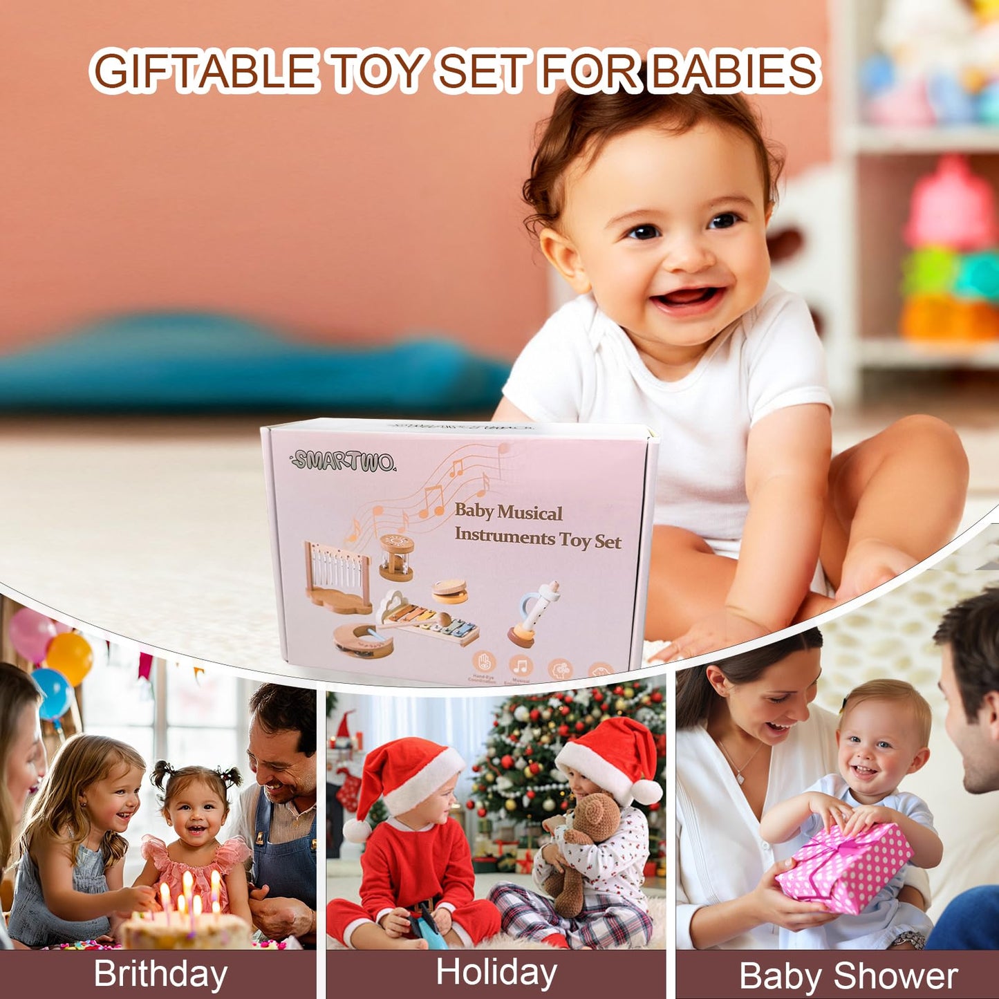 Smartwo Baby Montessori Musical Instruments,Wooden Percussion Xylophone Musical Toys for Toddlers,Sensory Toys for Kids Preschool Educational,Birthday Gift for 3+