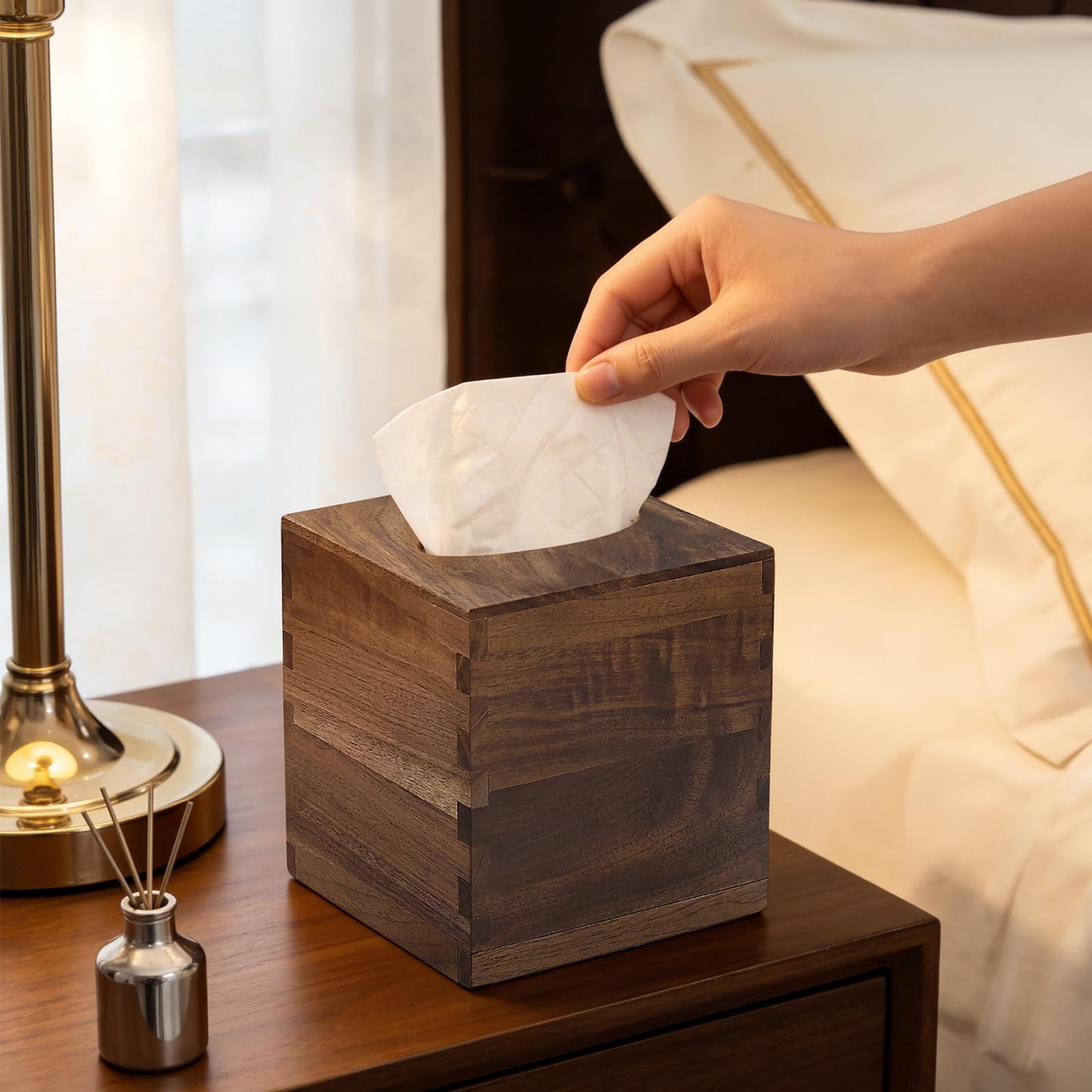 Solid Black Walnut Tissue Box Cover Square – Handcrafted Wood Tissue Holder with Mortise & Tenon Joinery, Fits Standard Cube Tissue Boxes