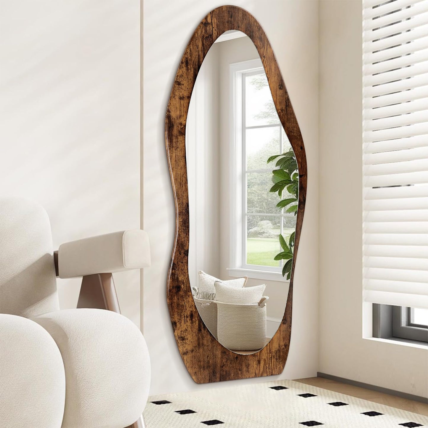 FEUFOAM Full Length Mirror 59" x 24" Irregular Wall Mirrors Wood Framed Full Body Mirror Hanging or Leaning Against Wavy Floor Mirrors for Living Room Bedroom Entryway Bathroom Retro Brown