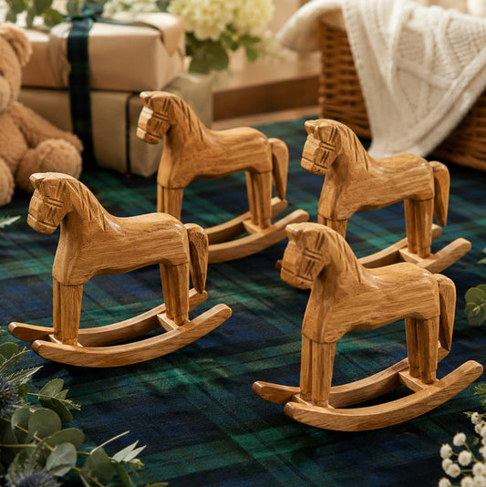 APUDWN 4 Pack Baby Shower Wooden Vintage Rocking Horse Table Centerpiece Tartan Plaids Baby Shower Decorations for Farmhouse Wood Rocking Horse Craft Blue Green Party Decor for Wedding Birthday Decor