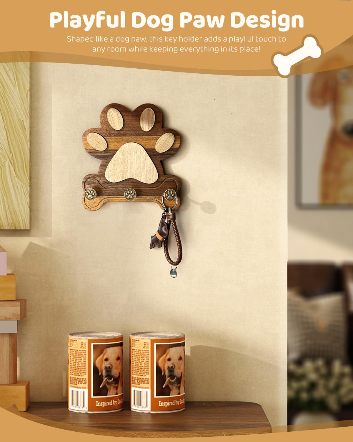 MTERSN Wooden Dog Leash Holder for Wall – Dog Leash Holder, Key Rack, and Coat Hanger – Rustic Farmhouse Wall Decor for Entryway Storage, Room Decor & Home Necessities(Acacia)