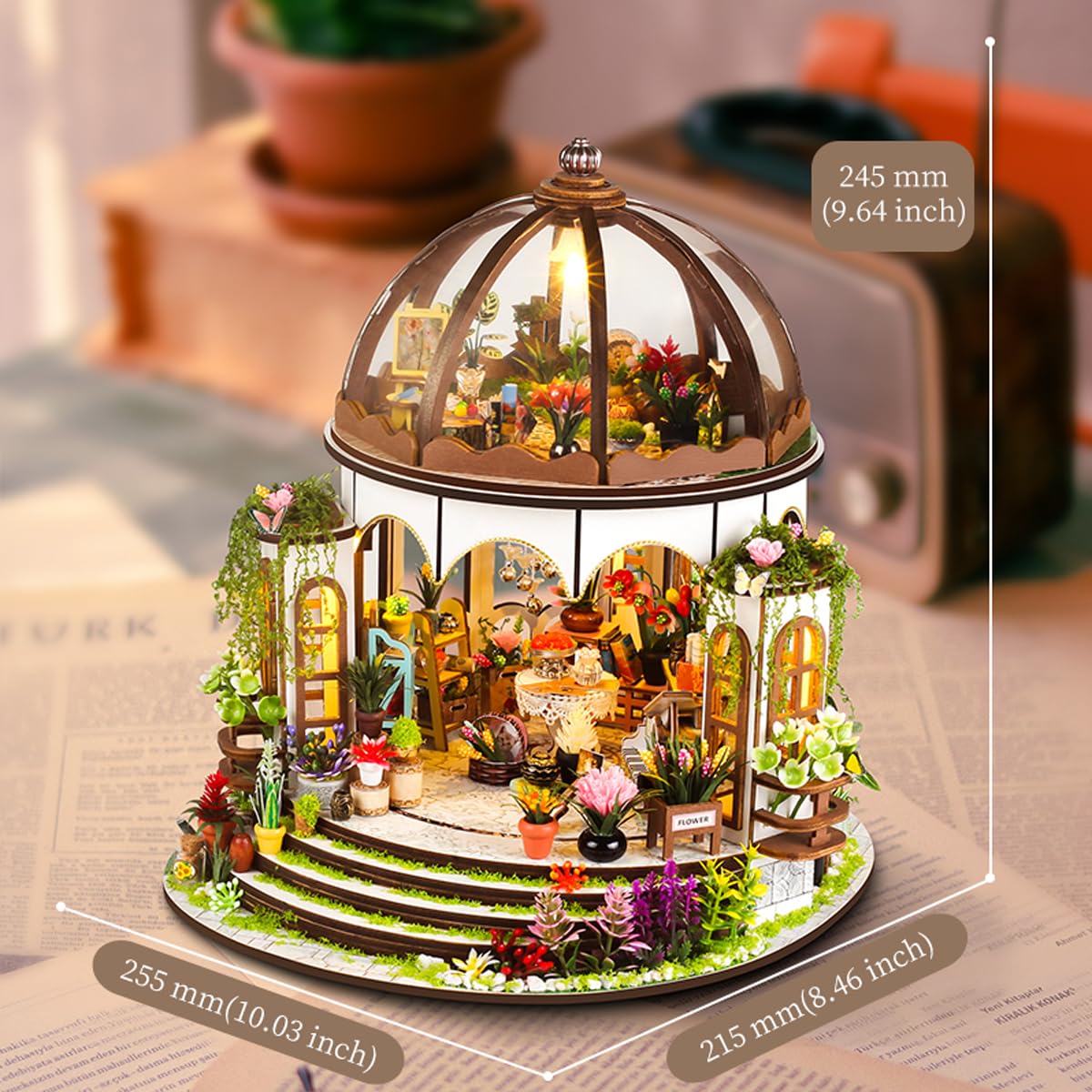 Hanging Garden Miniature House Kit, Wooden Dollhouse with LED & Furniture