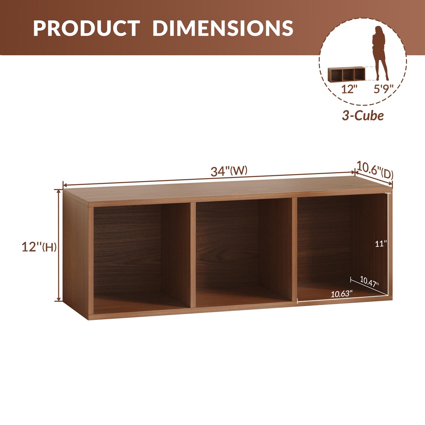 IOTXY DIY Modular Cube Bookcase - CubeXY Customizable Stackable Expandable Basic Shelving Units, 3-Cube Wooden Open Bookshelf for Fabric Storage Bin Organizer, Walnut