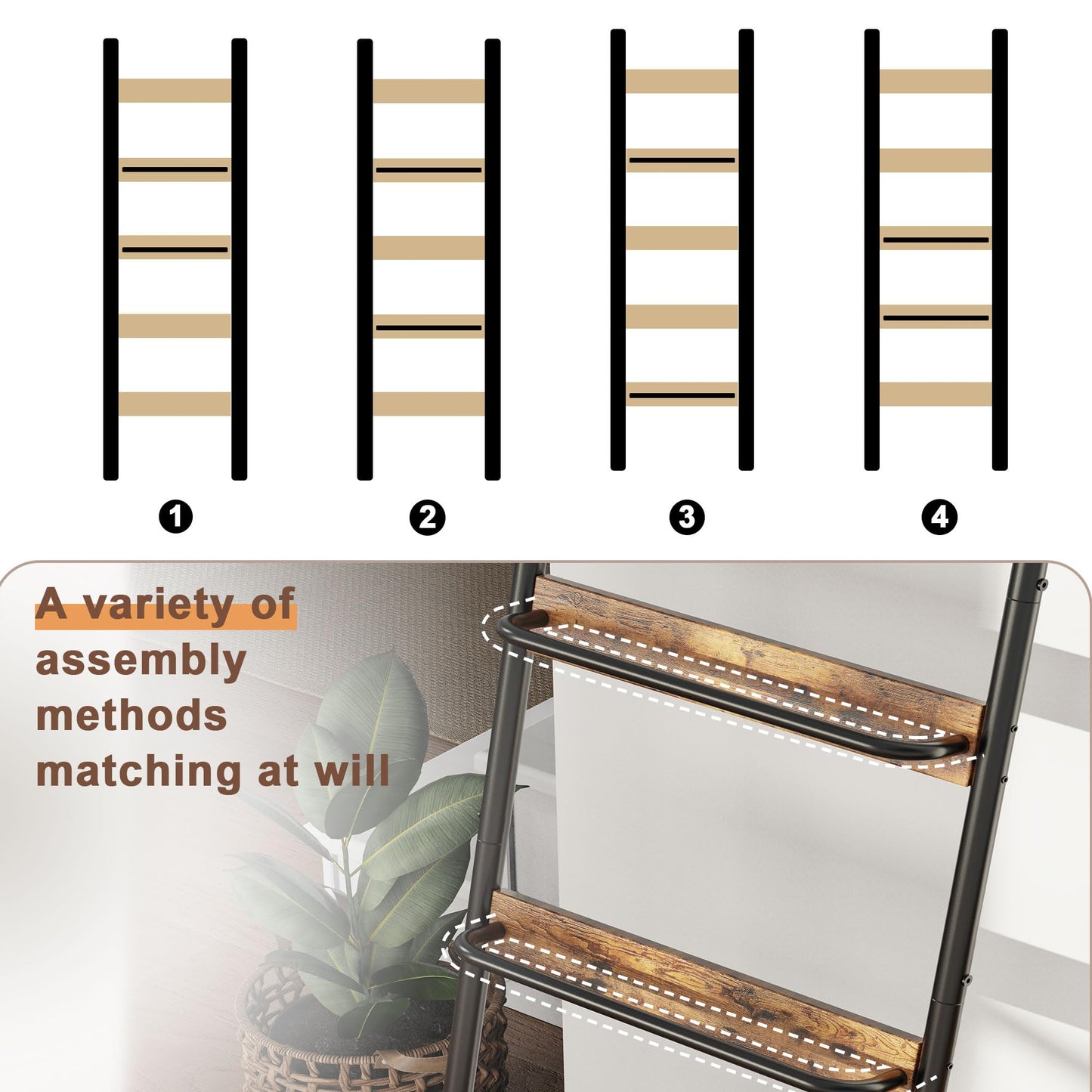 Blanket Ladder, 5-Tier Towel Holder with 2 U-shaped storage rack, Farmhouse Wall Leaning Decorative Rack Shelf, Towel Display Rack, Removable Hooks, Quilt Ladder for Living Room, Bedroom, Rustic Brown