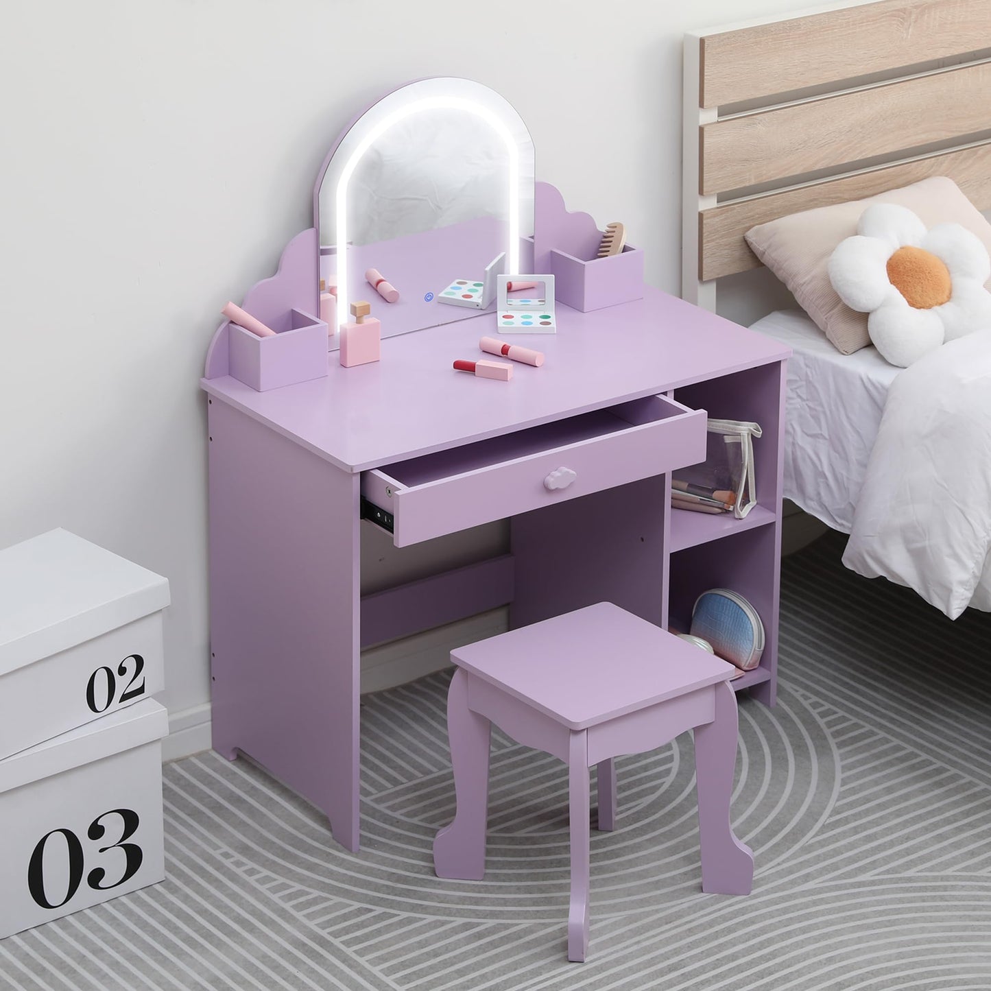 IDEALHOUSE Kids Vanity Table Set with Lighted Mirror & Stool, Makeup Desk with Drawer, Open Storage Shelves, Cubbies & Makeup Playset, Wooden Princess Dressing Table for Little Girls, Purple