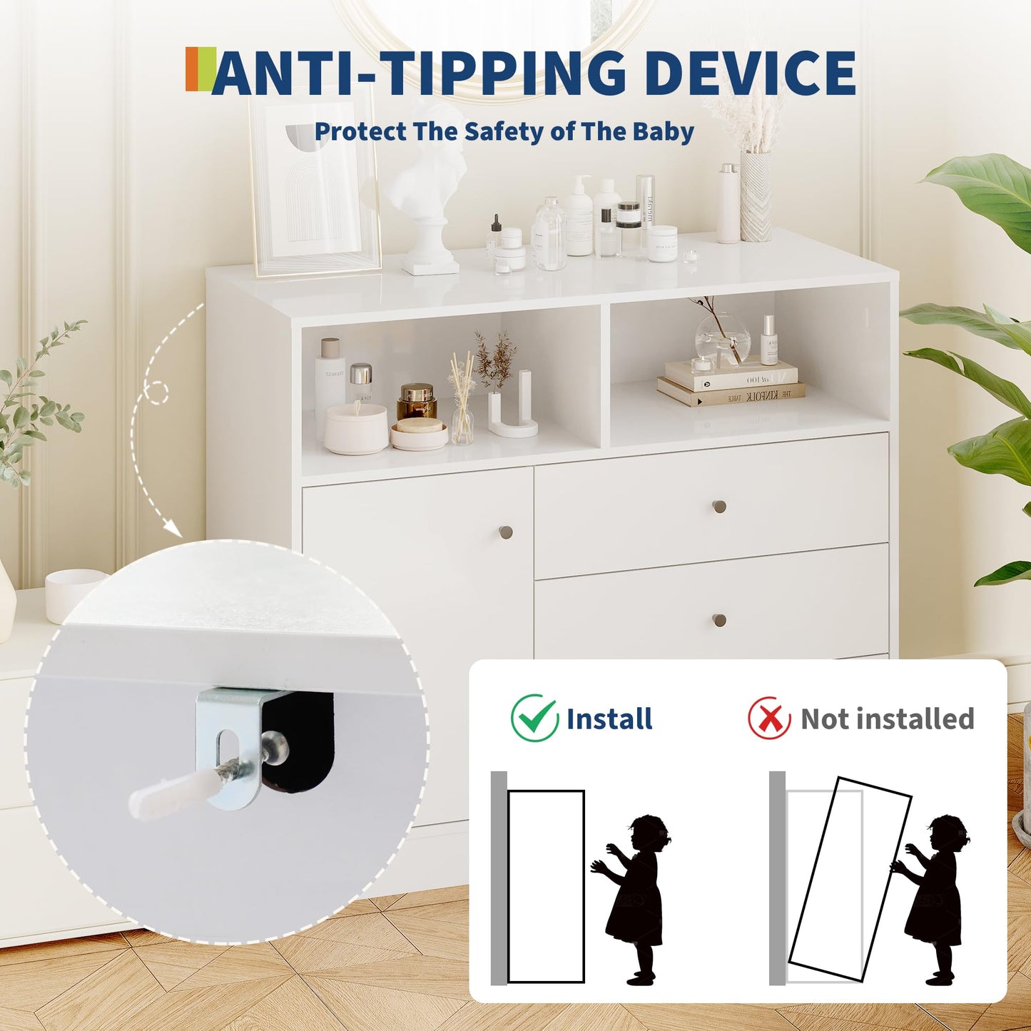 Baby Changing Table Dresser, Wooden Diaper Changing Station with 2 Open Shelves, 3 Drawers, and 1 Cabinet, Modern Baby Dressers for Nursery, Bedroom, Kids Room, White