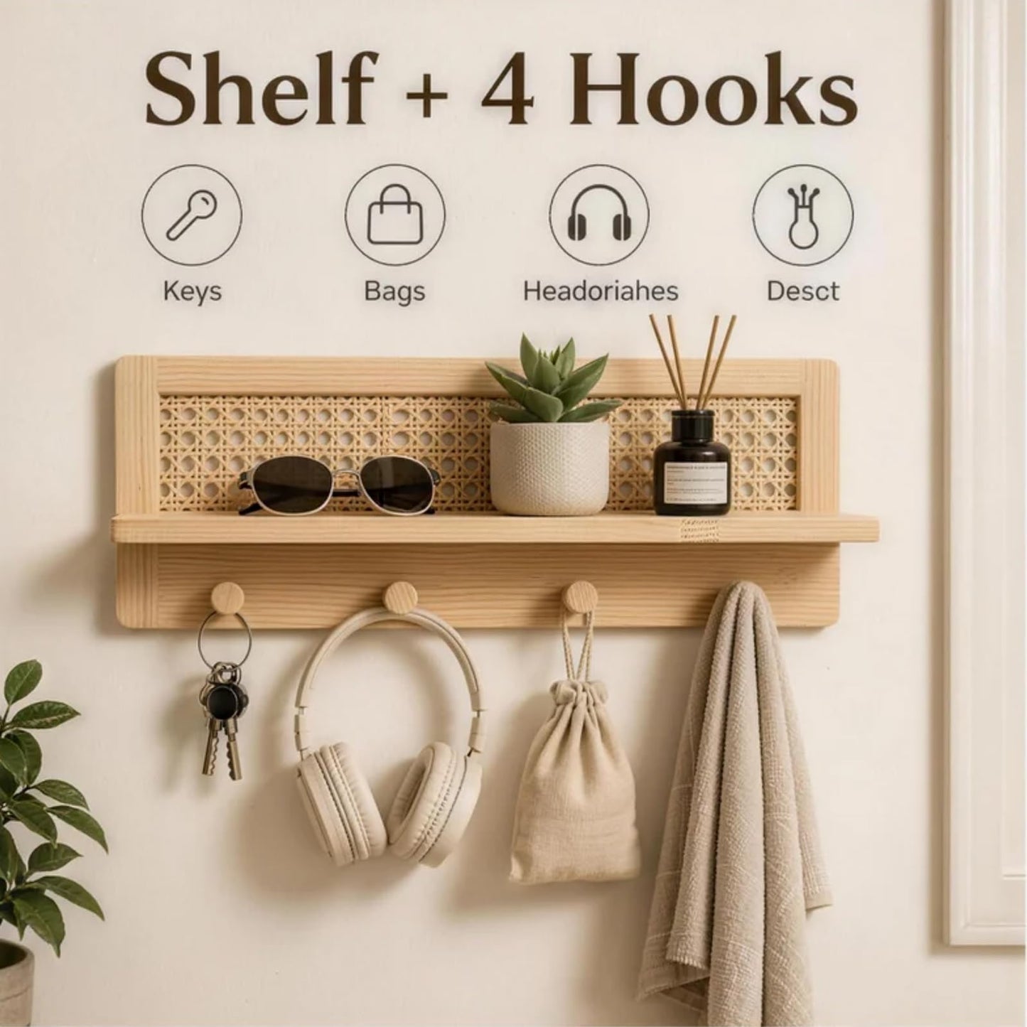 HLiikuikin Rattan Wall Shelf with 4 Hooks, Entryway Key Holder & Coat Rack Wall Mount