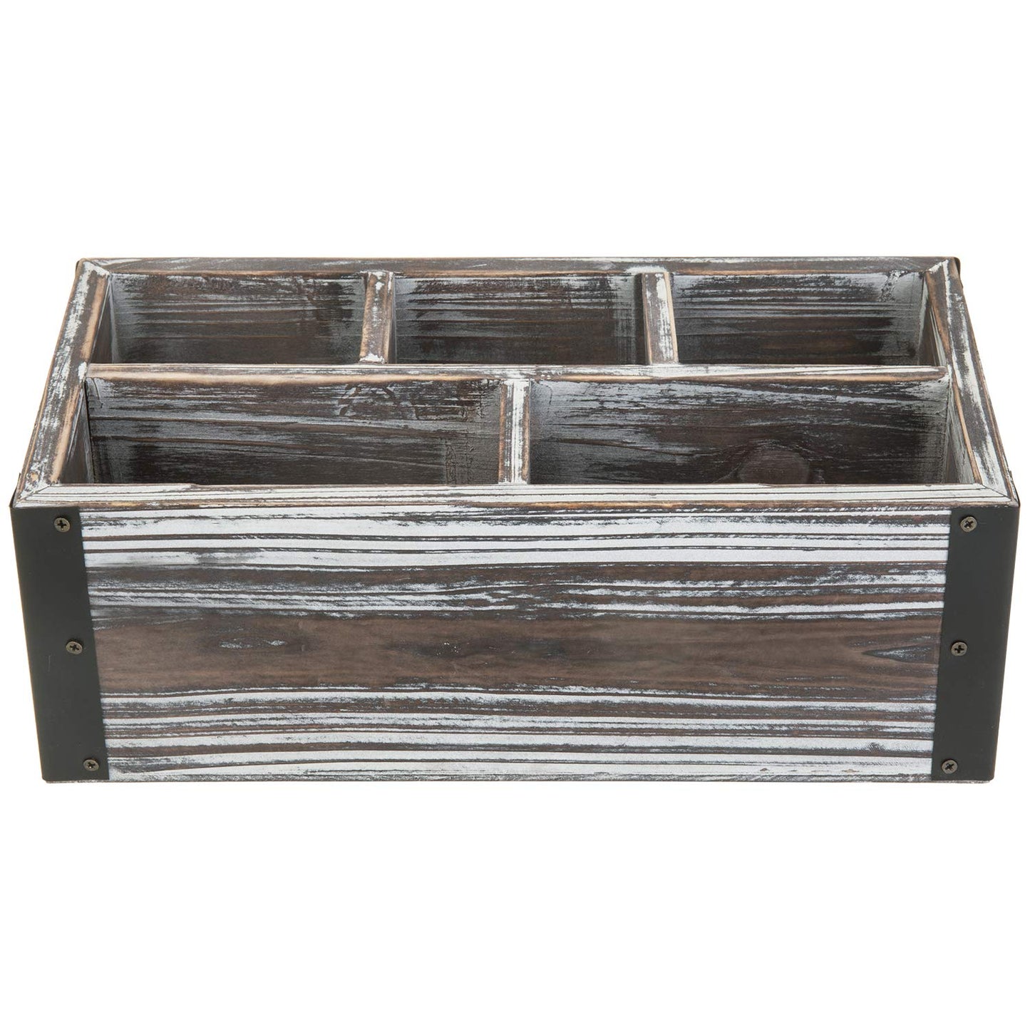 MyGift Remote Control Holder with 5-Compartment, Media Storage Organizer Remote Caddy with Black Metal Corner Wraps, for Table, Desk, Rustic Torched Wood