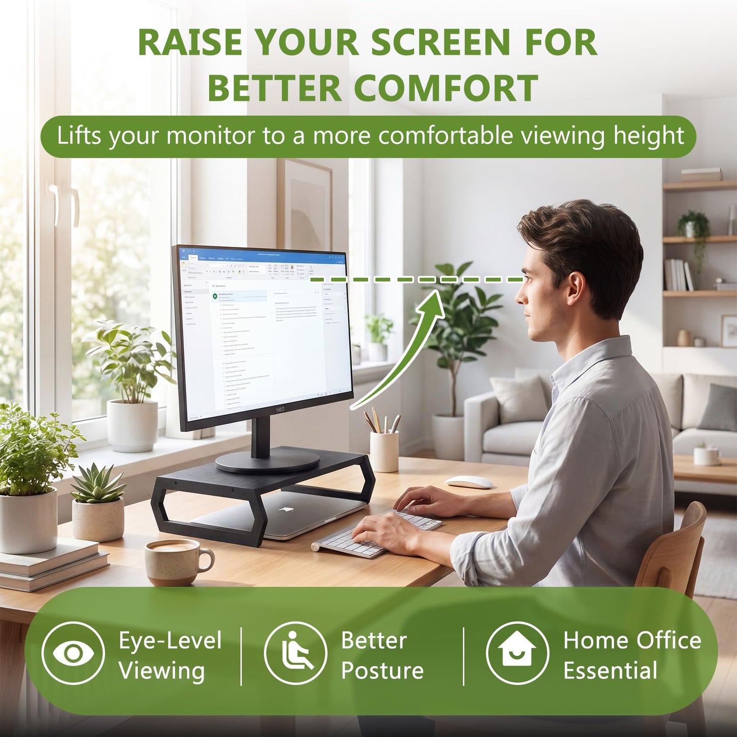 Wenqik Wood Monitor Stand Riser 14.2 Inch Black Wood Desktop Monitor Stand for Laptop PC Computer TV Screen for Home Office (Hexagonal Design)
