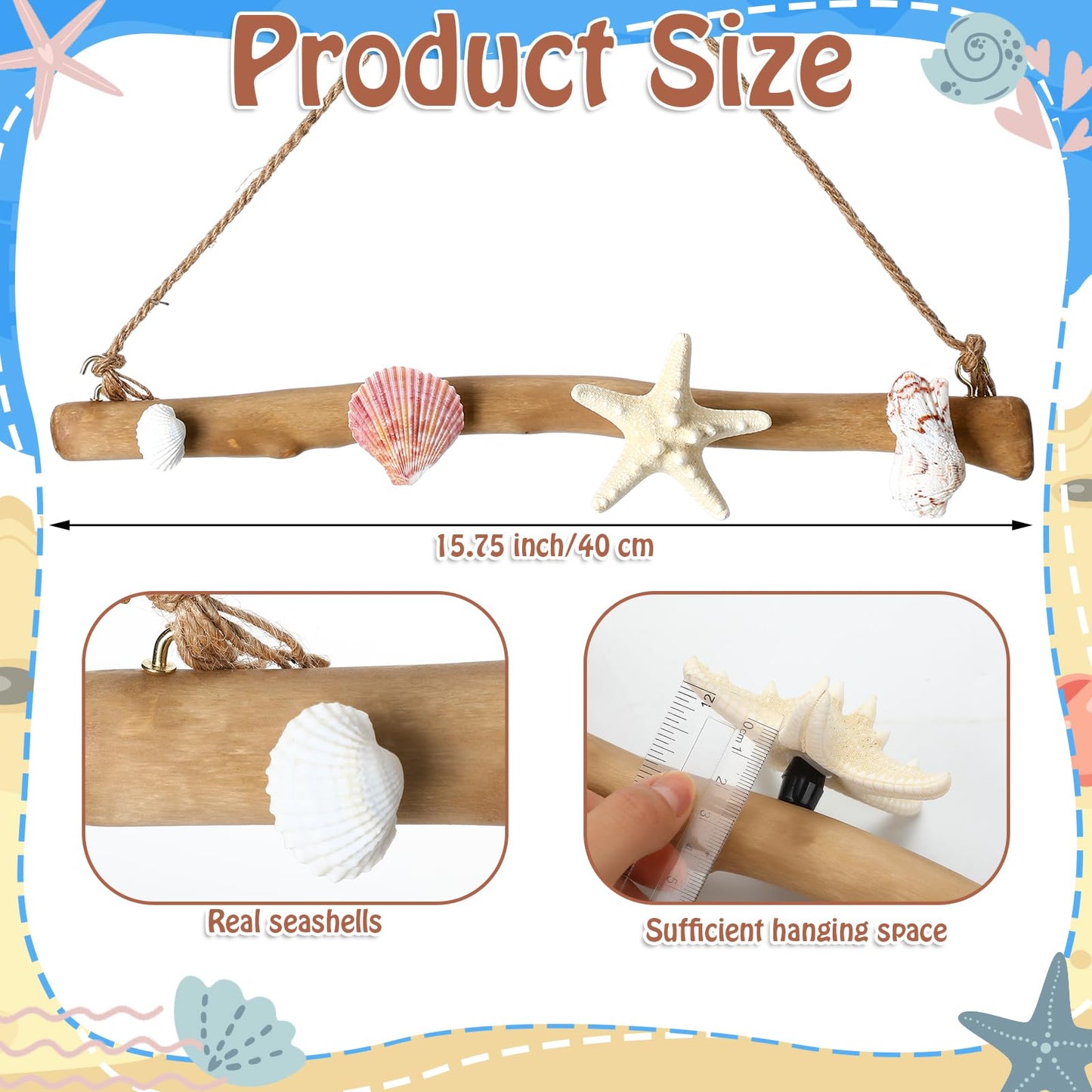 Gerrii 16 Inch Seashell Bikini Rack Driftwood Wall Mounted Hook Swimsuit Organizer Coastal Wooden Coat Rack for Summer Ocean Theme Beach Bathroom House Decor Swimming Pool(Classic)