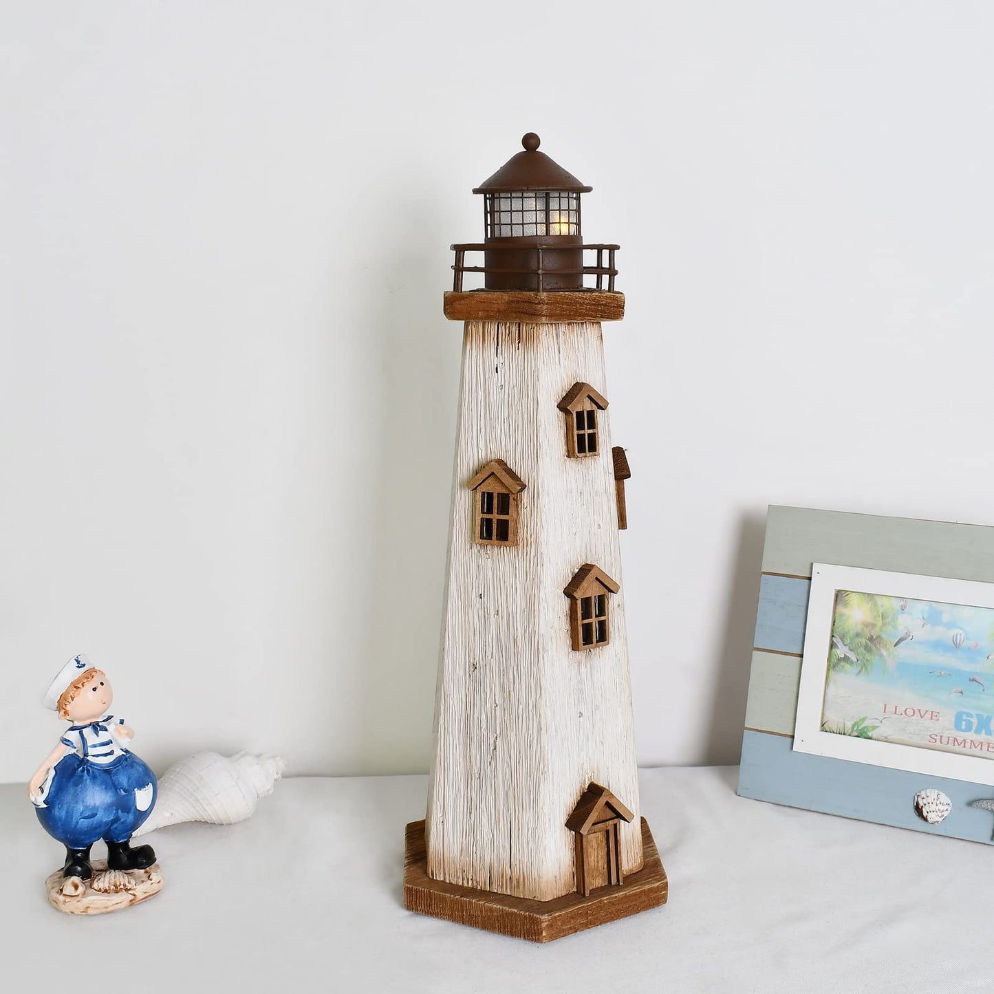 Morning View Lighthouse Decor Nautical Decoration Lighted Wood Light House Figurine Beach House Coastal Decor Table Ocean Seaside Theme Home Decor Lake House Bathroom Shelf Centerpiece 16" (White)