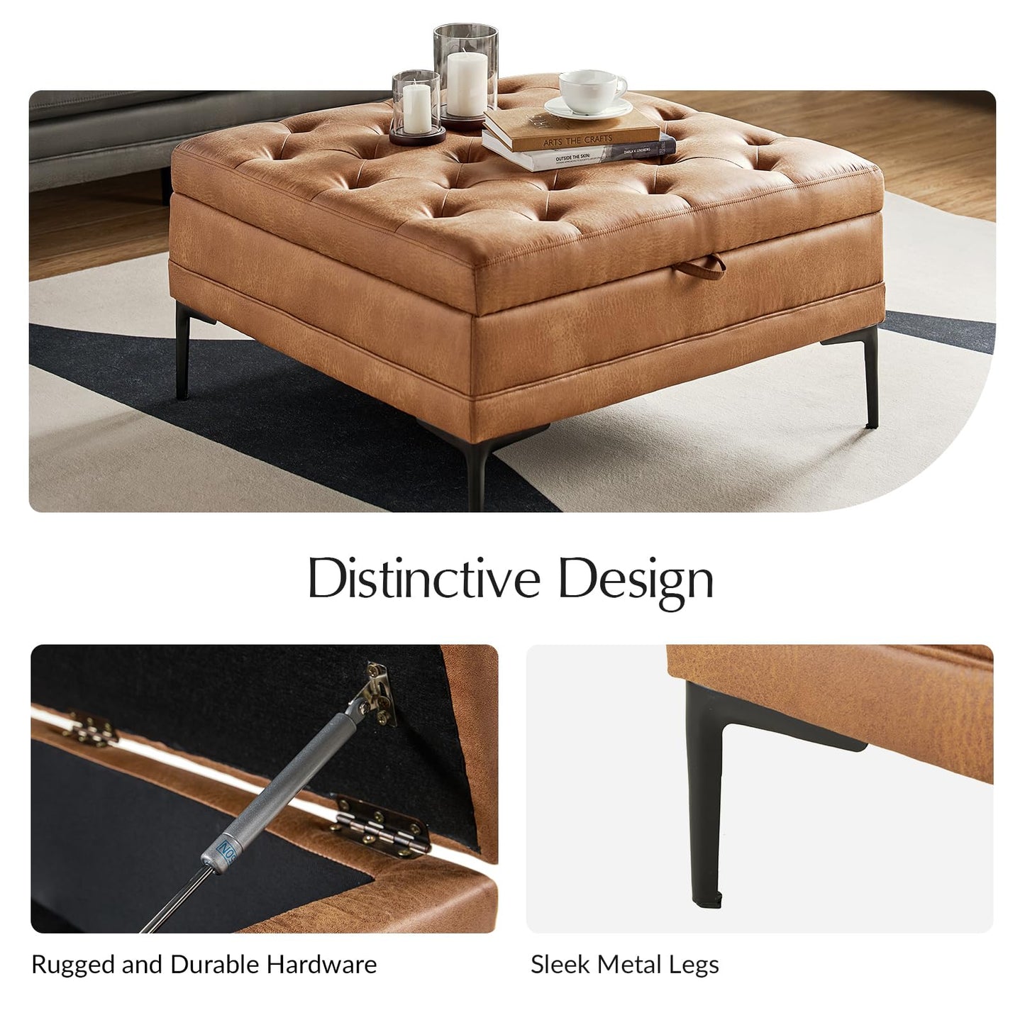HULALA HOME Faux Leather Coffee Table, 36.5" Square Storage Ottoman with Metal Legs, Button-Tufted Coffee Table with Storage for Living Room, Camel