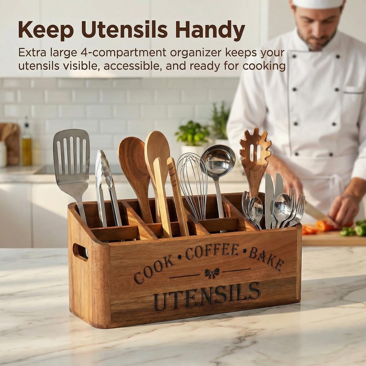 YanKiTour Wooden Kitchen Utensil Holder, Acacia Wood, Extra Large, 4-Compartment, Countertop Organizer, Wall Mount Option, Cooking Utensil Caddy, Ventilation Holes & Non-Slip Pads (4 Compartments)