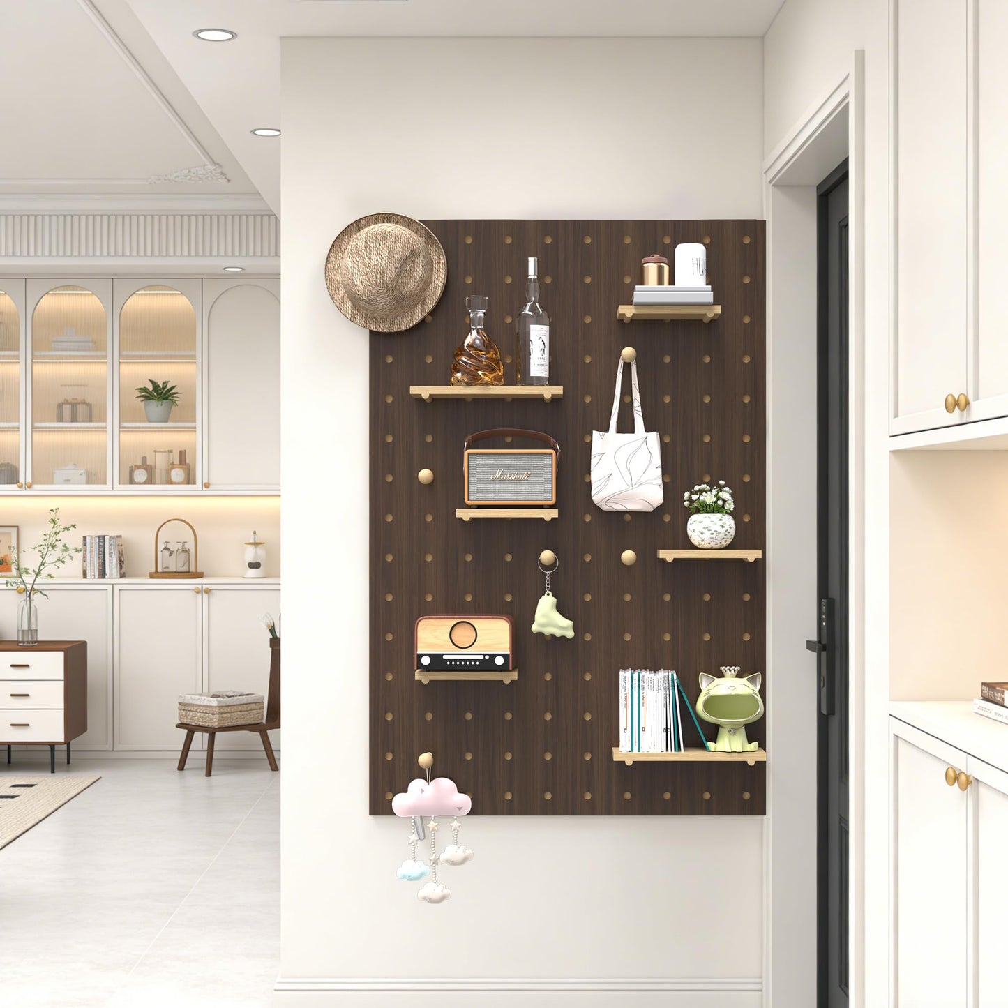Wooden Pegboard Wall Organizer Kit, Modular DIY Peg Board Panels with Hooks, Pegboard Storage System Combination Set for Garage Office Craft Room Bedroom Kitchen, Living Room (Brown, 80X120CM)