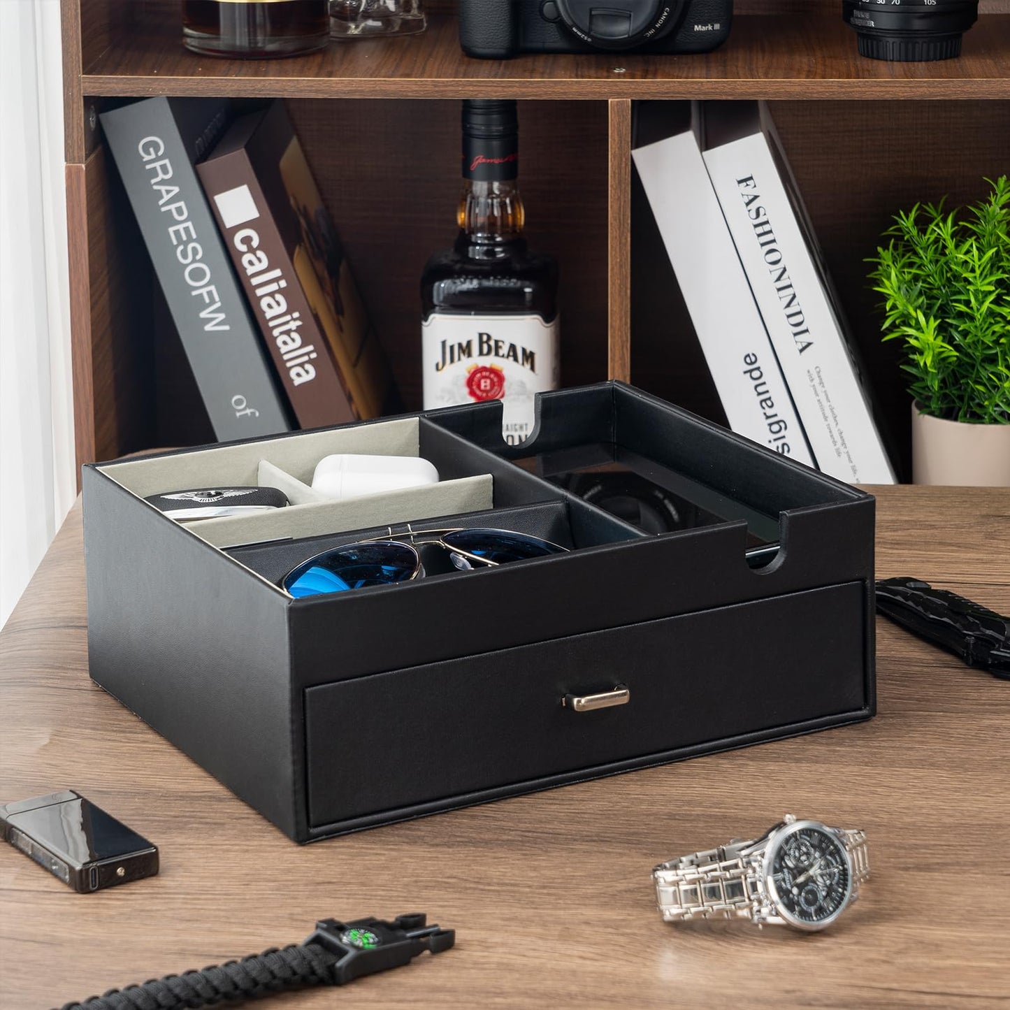 ProCase 2 Layers Valet Tray Gift for Men Bundle with 3-Tier Wooden Cologne Organizer for Men