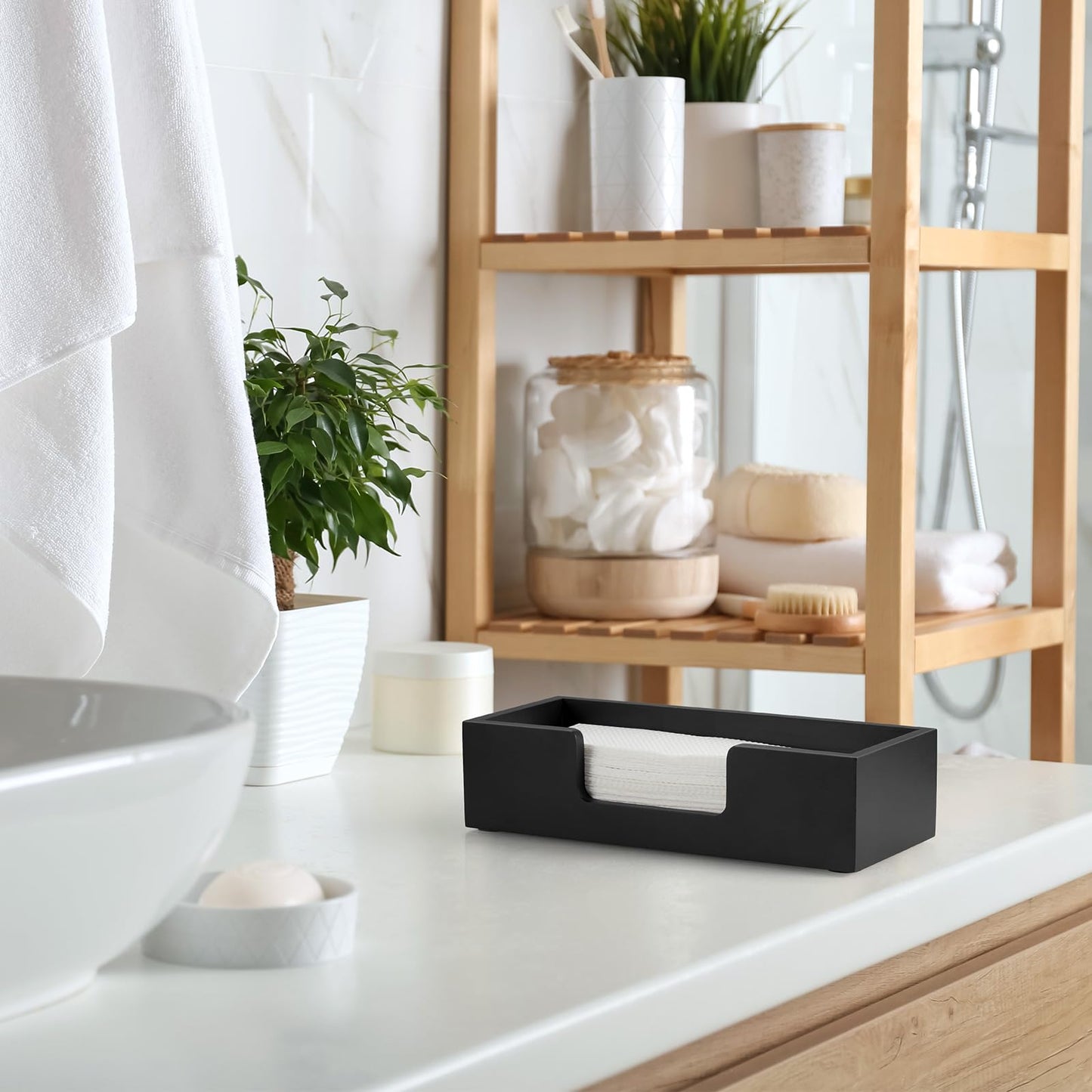 Paper Towel Dispenser Countertop, Wood Bathroom Paper Towel Holder, Black Napkin Holder for Kitchen, Countertop Multifold C-Fold, Z-Fold, Trifold Paper Hand Towel Dispenser for Toilet, Black