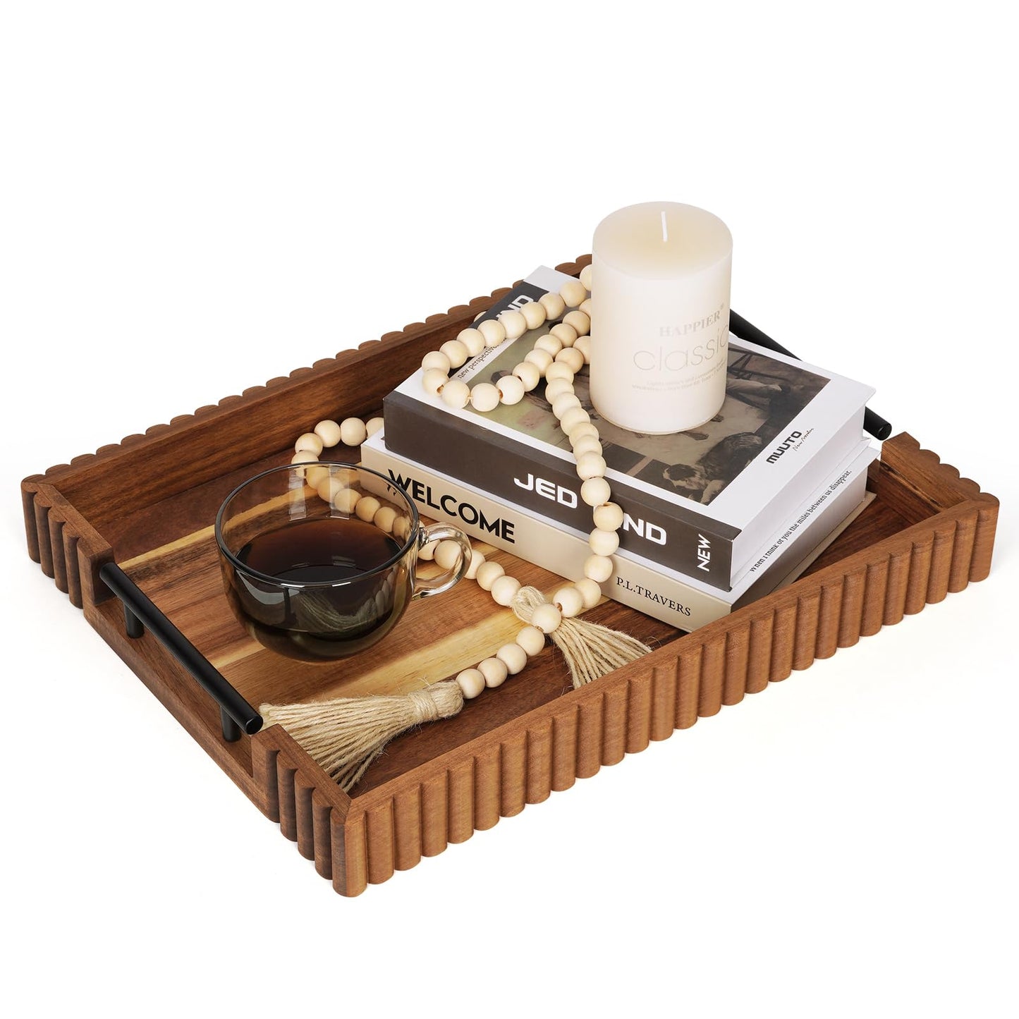 Cathyeen Acacia Wood Decorative Serving Tray with Handles, 16.7" x 12.8" Large Wooden Ottoman Tray for Living Room, Coffee Table Tray Decor for Food, Dinner, Tea or Breakfast in Bed (Natural)