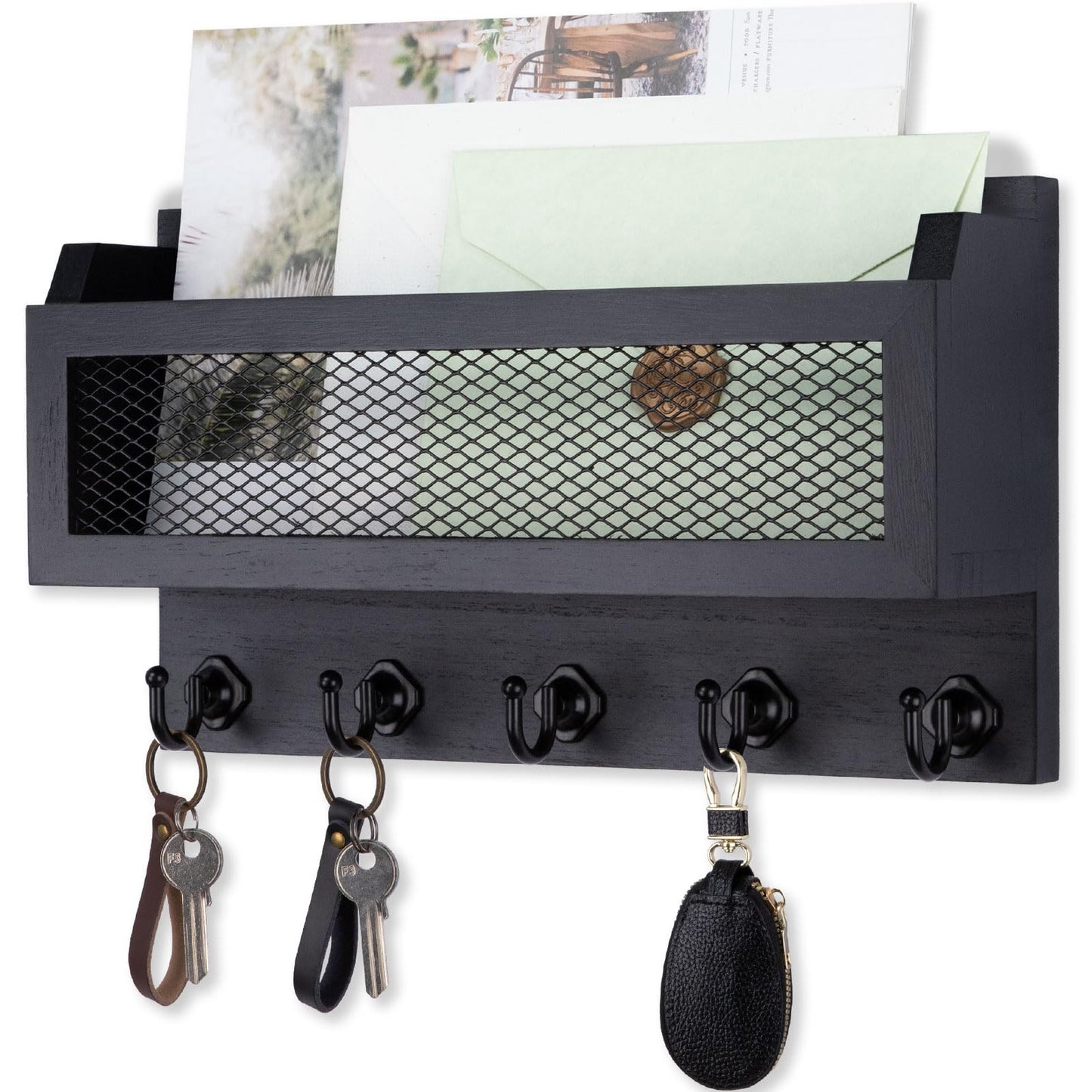 Nekon Mail and Key Holder for Wall Decorative, 11 Inch Wooden Wall Key Organizer with 5 Key Hooks, Wall Mount Storage Shelf for Entryway Hallway (Black)