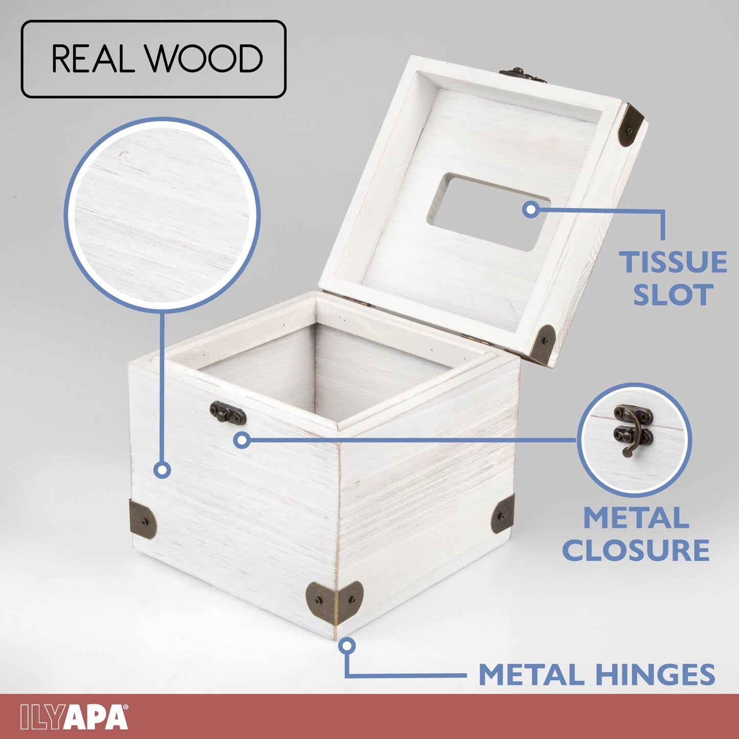 Ilyapa 5 x 6 Rustic Tissue Box Holder - Hinged Lid Tissue Dispenser for Bathroom Living Room Bedroom - White Weathered Wood