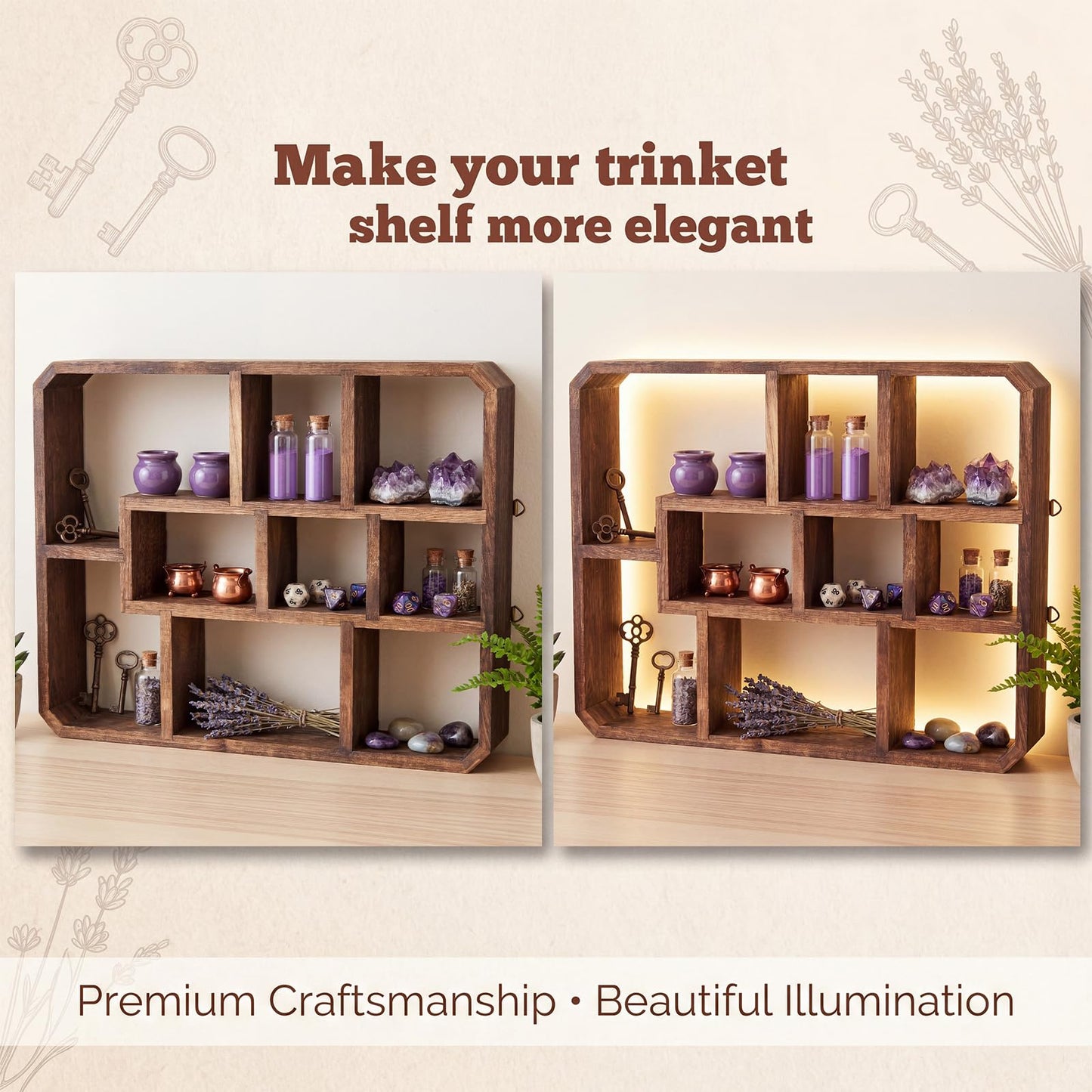 Pinkunn LED Rustic Shadow Box Display Shelf with Lights, 9 Compartments Wood Hanging Display Floating Shelves, Multi-Slot Wall Mounted or Freestanding Farmhouse Decor Displays Case for Collectibles