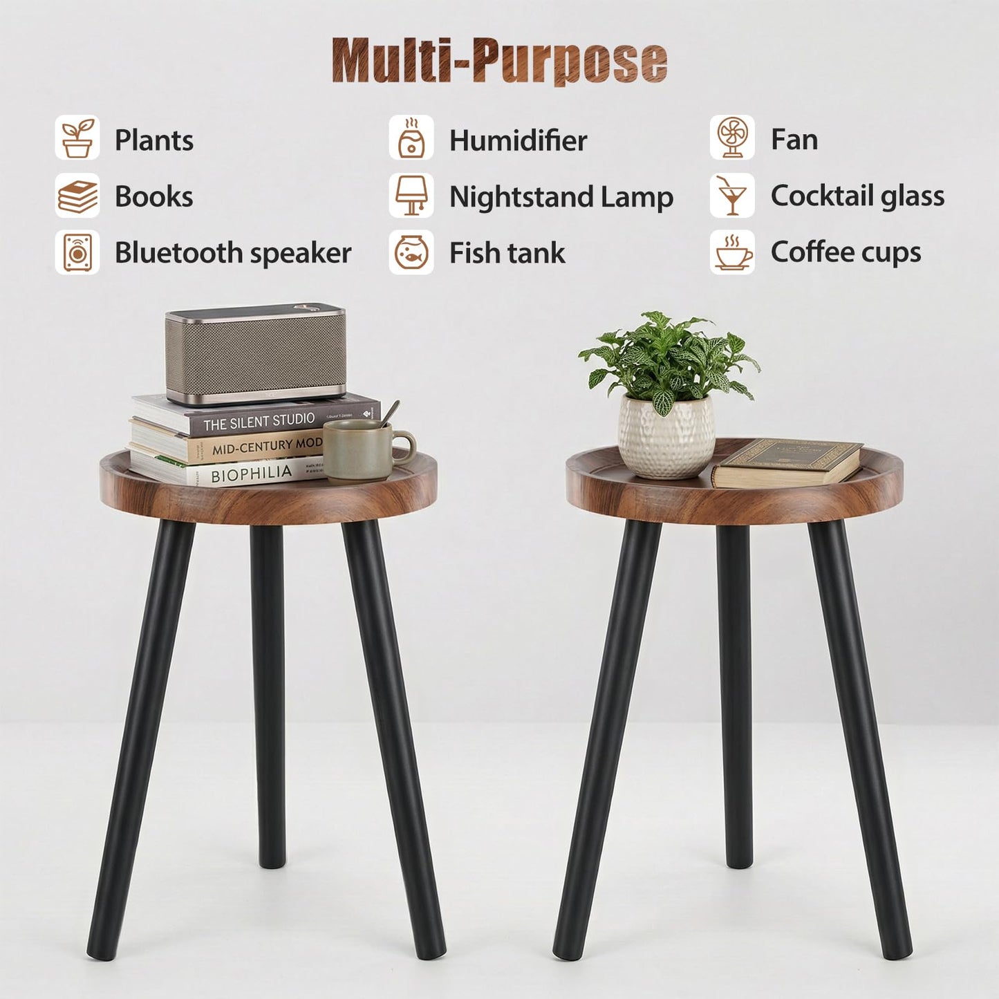 Mid Century Wood Plant Stand – 120 lbs Heavy Duty Plant Stand with Raised Tray & Spray Painted Legs, Solid Wood Side Table for Living Room, Bedroom, Entryway, Small Footprint for Plants, Decor (2 Pcs)