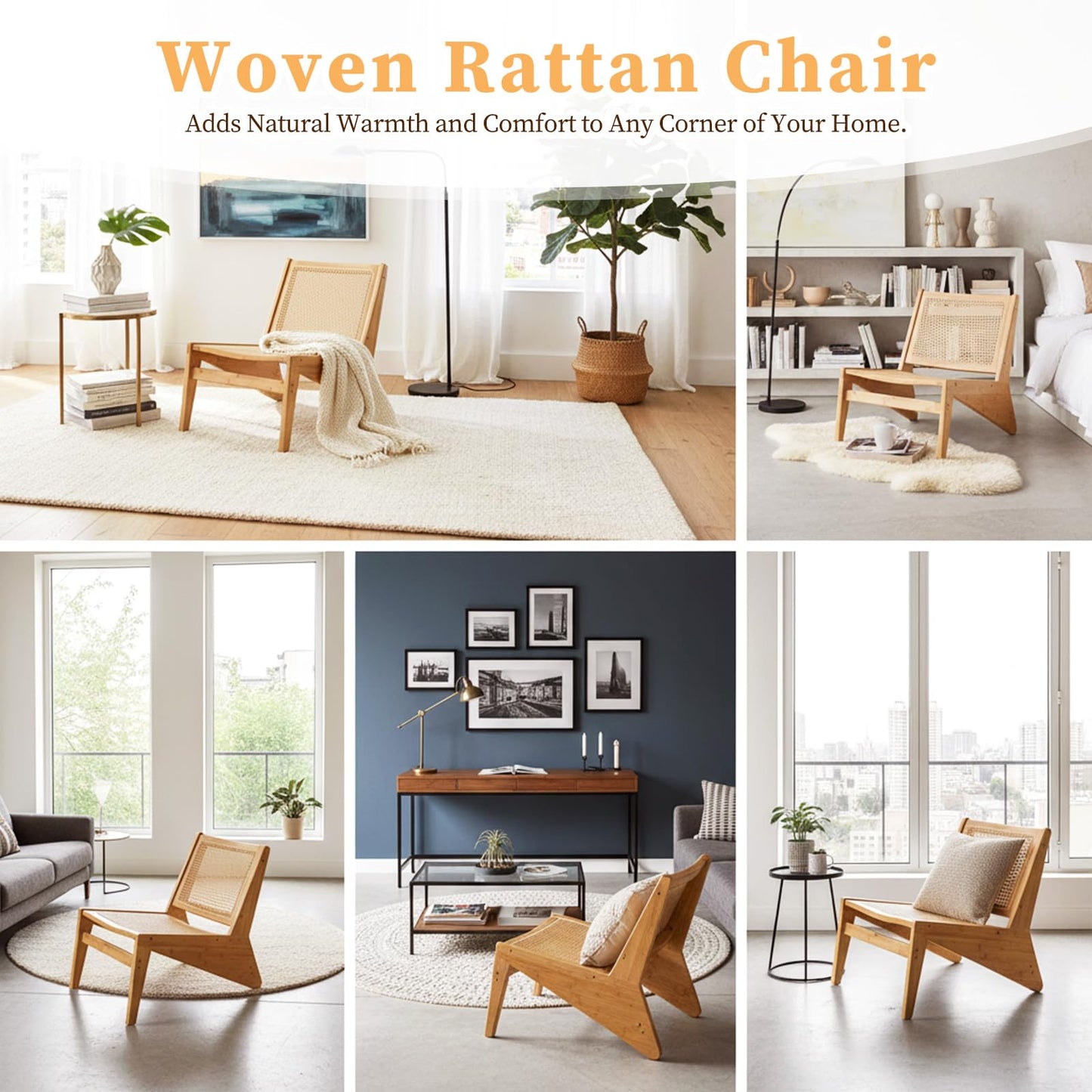 Furlide Rattan Accent Chair for Living Room, Mid Century Side Chair, Comfy Bamboo Chairs for Bedroom Reading Room, Wood