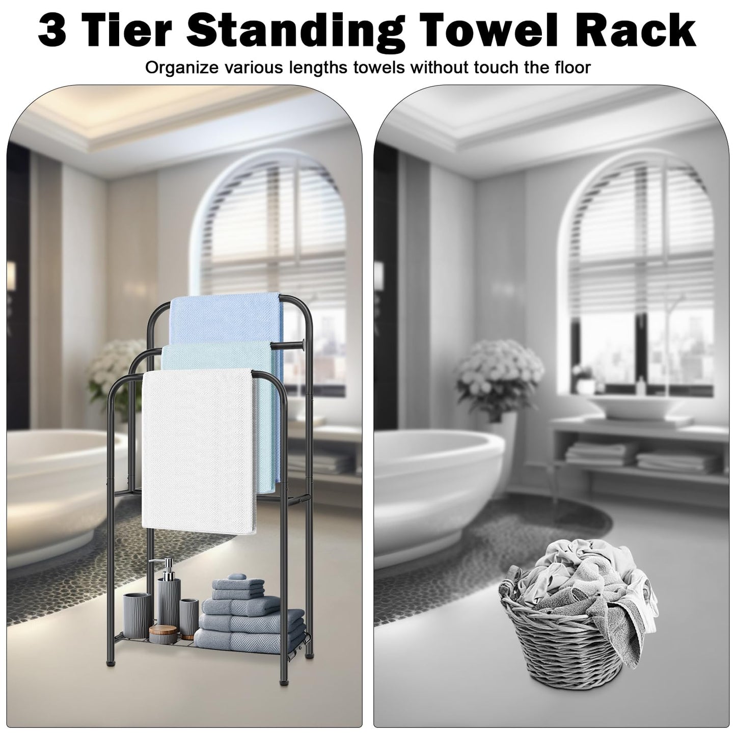 HarJue Towel Racks for Bathroom, 35" H Standing Towel Holder 3 Tier Metal Pool Towel Hanger Outdoor Floor with Storage Shelves for Blanket Bath Towel Drying (Matte Black)
