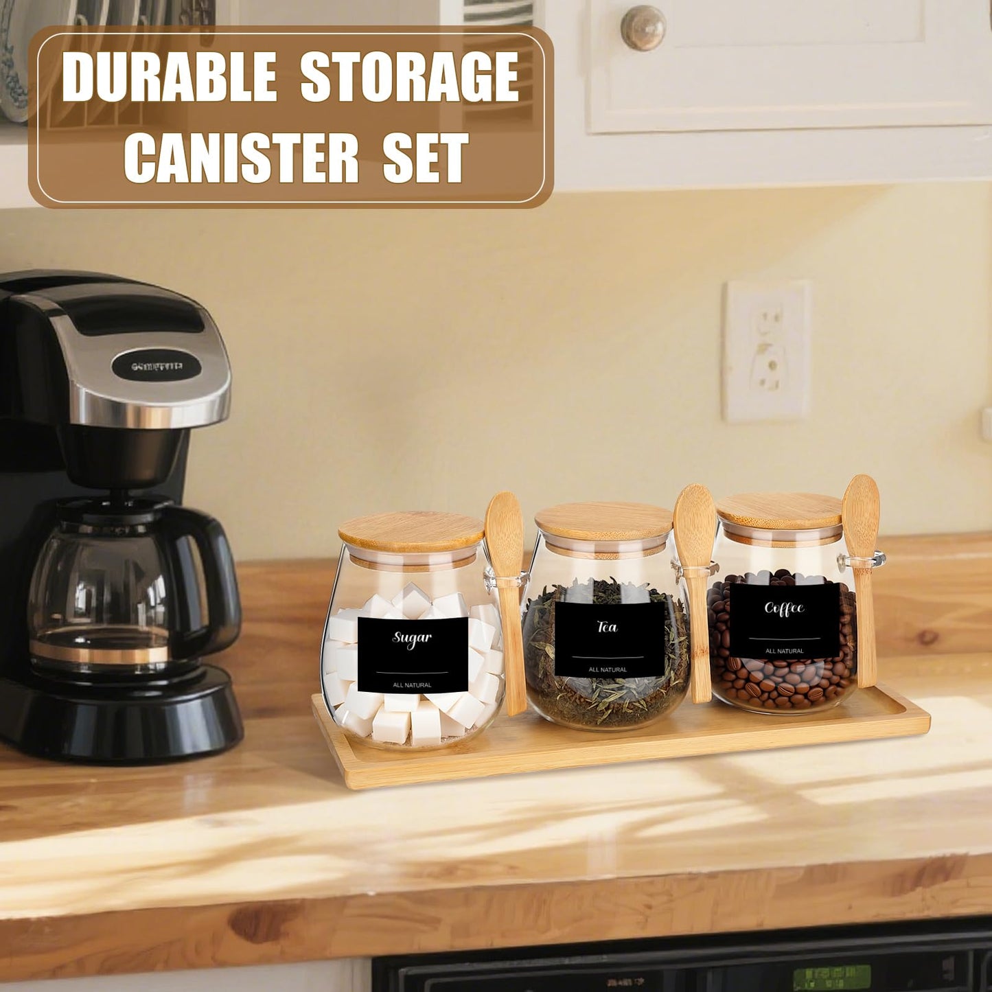 Suclain 3 Pcs Glass Coffee Container with Wooden Lid Spoon Tray Shelf Labels Clear Airtight Glass Jar Storage Container Set for Coffee Beans Tea Leaves Grains Dried Fruits Sugar Spice(28oz)