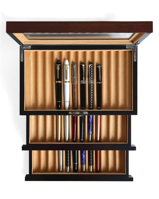 Besforu Wood Pen Display case 36 Slot Fountain Pen Box Storage Organizer with Drawer, Top Glass Window Pen Collection Display Case