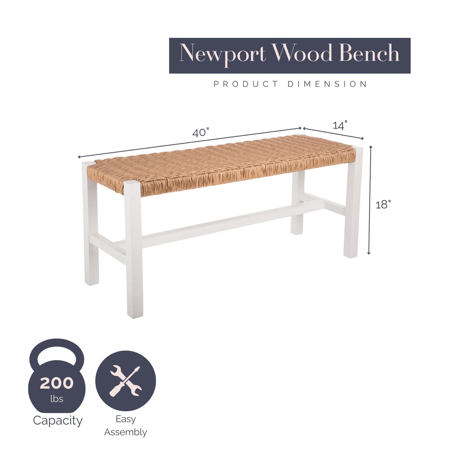 Alaterre Furniture Newport 40 Inch Solid Wood Entryway Bench - Modern Farmhouse Indoor Decorative Bench with Handcrafted Woven Rope Seat - Furniture for Entryway, Dining Room, or Kitchen (White)