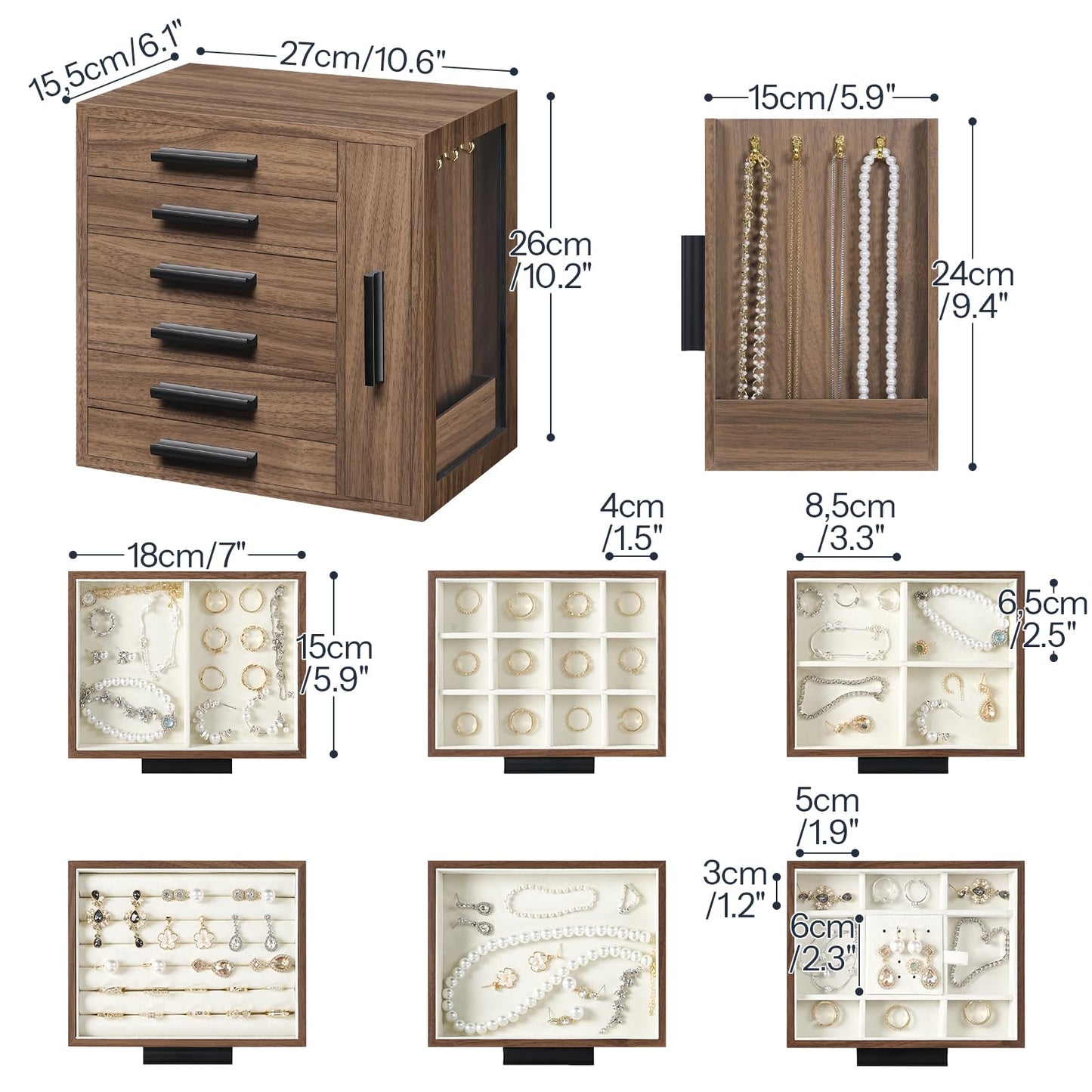 HOOBRO Jewelry Box for Women and Wide Jewelry Cabinet, Jewelry Organizer Box, LED Jewelry Organizer Wall/Door Mounted, 6-Tier Wooden Jewelry Box, Hanging Jewelry Cabinet Mirror, BH12JB04-WT03JC04