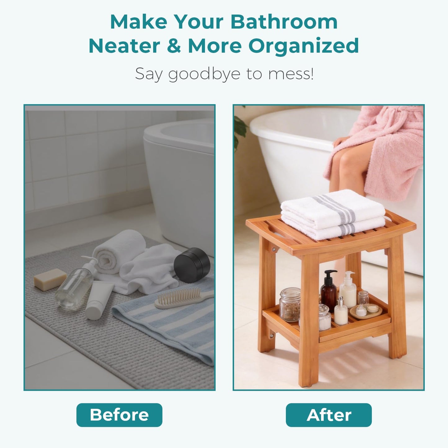 OLIXIS 14" Wooden Shower Bench, Waterproof Shower Stool for Shaving Legs, Bathroom Chair with Storage Shelf & Handles, 300 LBS Capacity Showering Seat for Senior, Adult, Disabled & Elderly