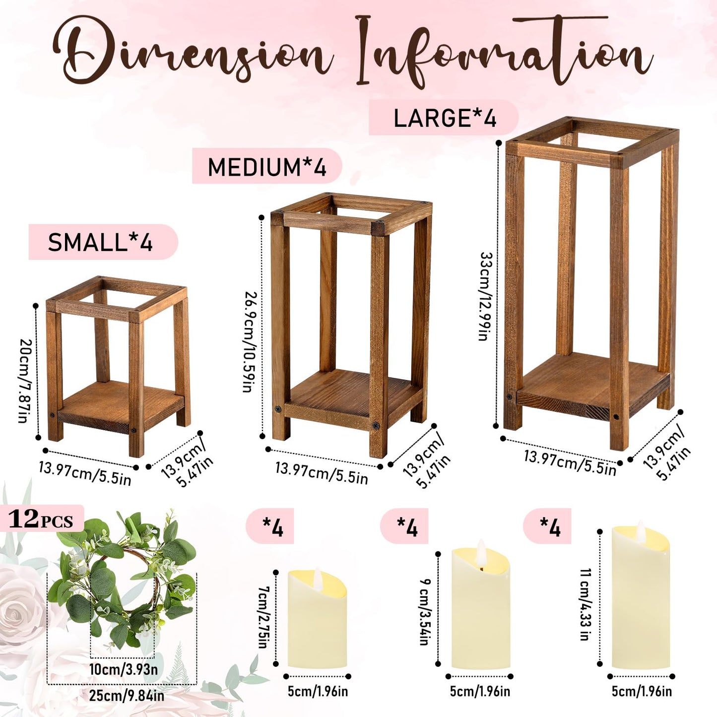 Geelin 12 Set 7.87'', 10.59'', 13'' Brown Wooden Lanterns for Wedding Centerpieces Include 12 Wooden Lantern 12 LED Candle 12 Eucalyptus Leaves Wreath for Wedding Baby Shower Farmhouse Table Decor