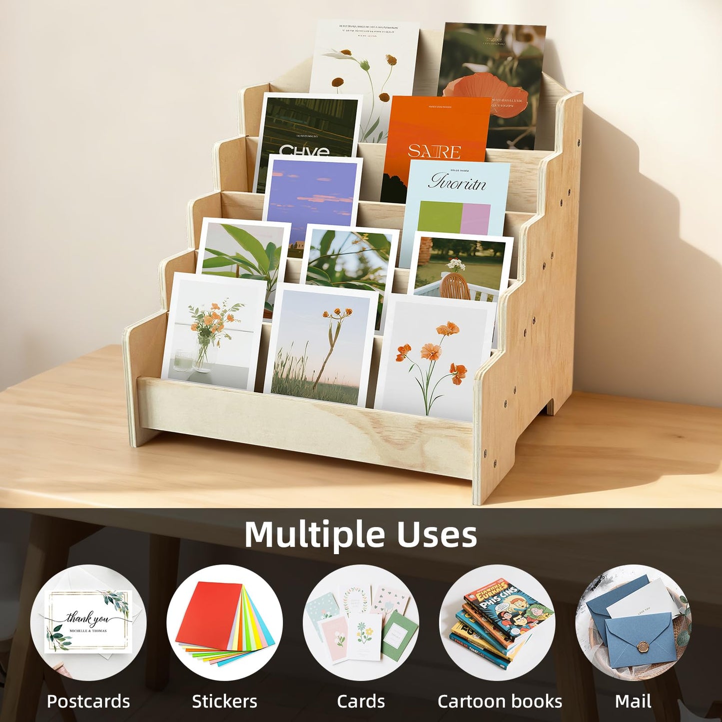 5-Tier Greeting Card Display Stand, Wooden Rack Holder for Display Postcards, Cards, Brochure and Stickers, Also for Vendors, Counter Retail