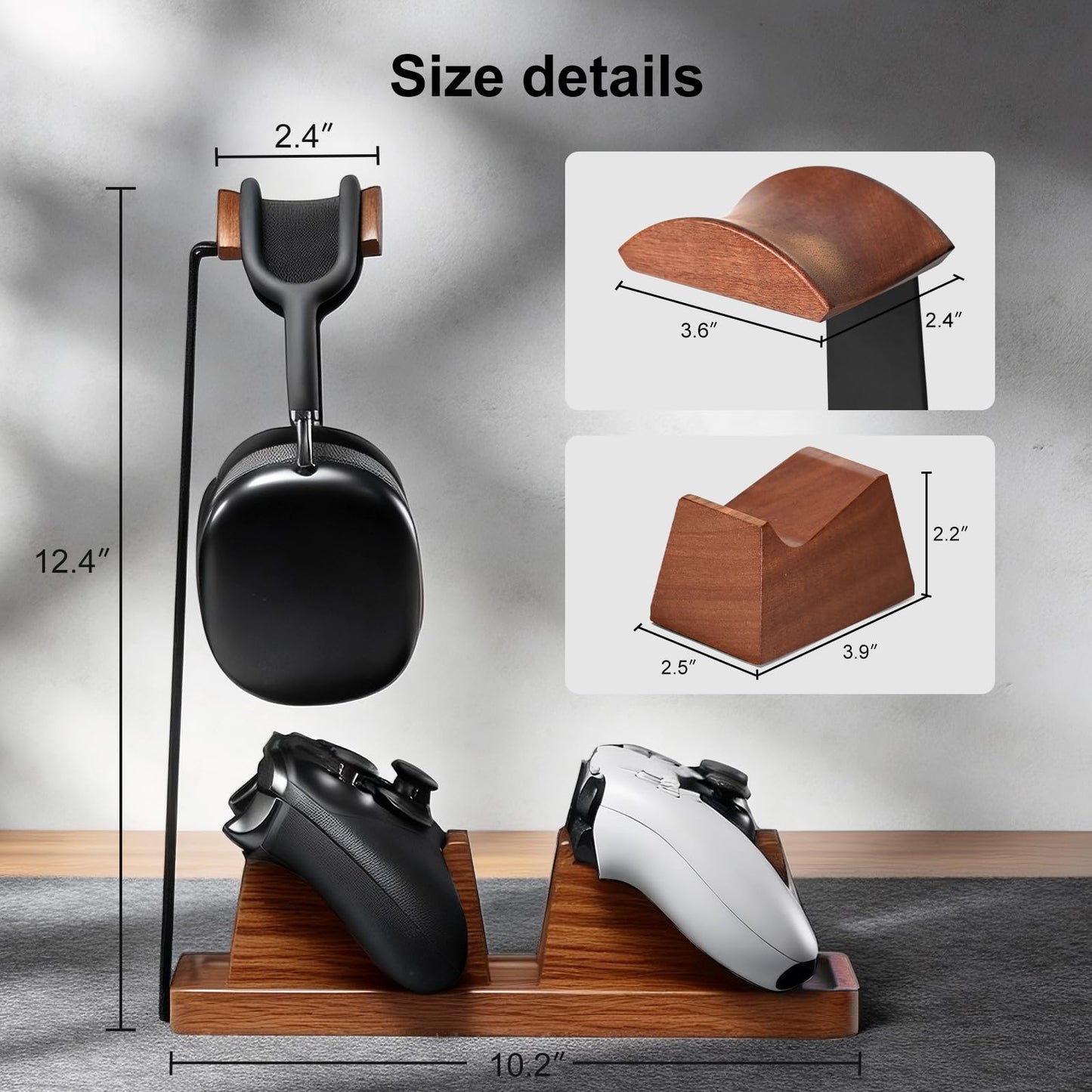UPERGO Headset Stand with 2 Controller Holders - Solid Wood & Metal Gaming Headphone Holder for Switch, Controllers, and Desk Accessories (Wood)