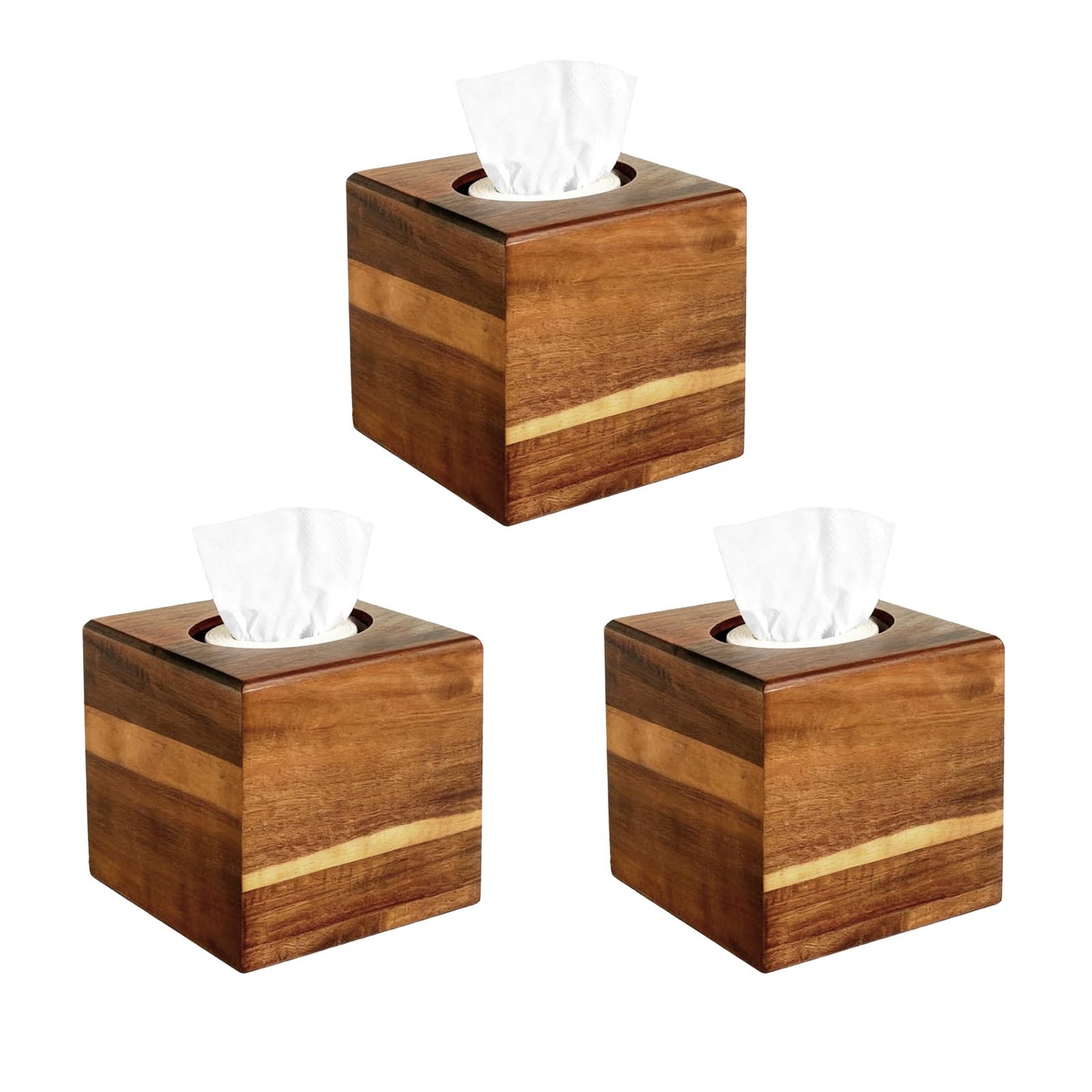 PEDOBALI 3 Pcs Wooden Tissue Box Cover Bulk, Square Acacia Wood Box Holder, Retro Color Facial Tissue Cover Holder, for Tabletop, Night Stands, Bathroom, Office, Kitchen